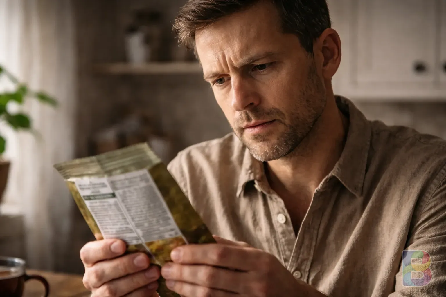 photorealistic, a person looking slightly concerned while reading a food label, kitchen setting, soft lighting, focus on the person's expression
