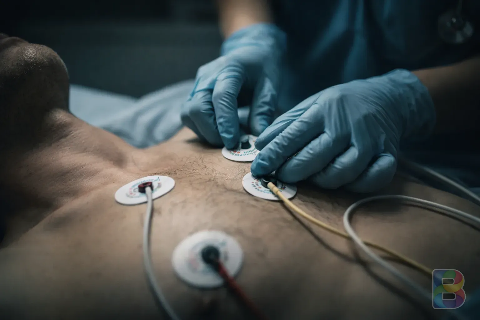 photorealistic, detail shot of a medical professional placing ECG electrodes on a patient's chest, soft clinical lighting, professional atmosphere, shallow depth of field