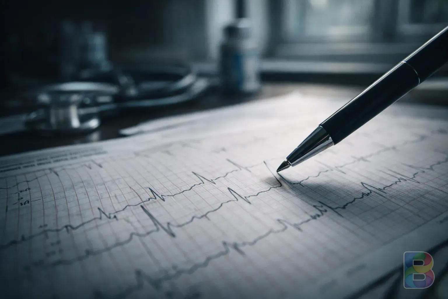 photorealistic, close-up of an EKG printout with a pen pointing to a specific wave, medical desk setting, natural light from a window, cinematic detail
