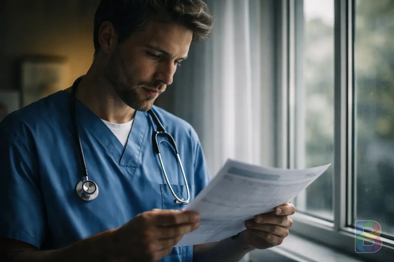 photorealistic, a person looking thoughtfully at a medical report near a window, soft indoor lighting, emotional calm, high detail
