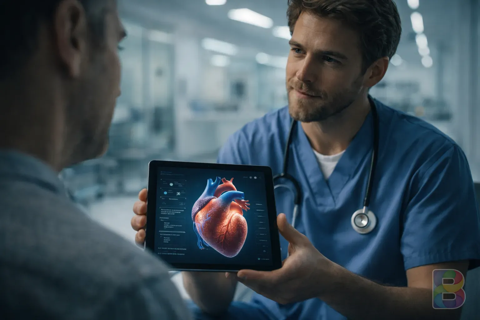 photorealistic, doctor holding a tablet showing a 3D heart model to a patient, modern hospital setting, bright clinical lighting, reassuring mood