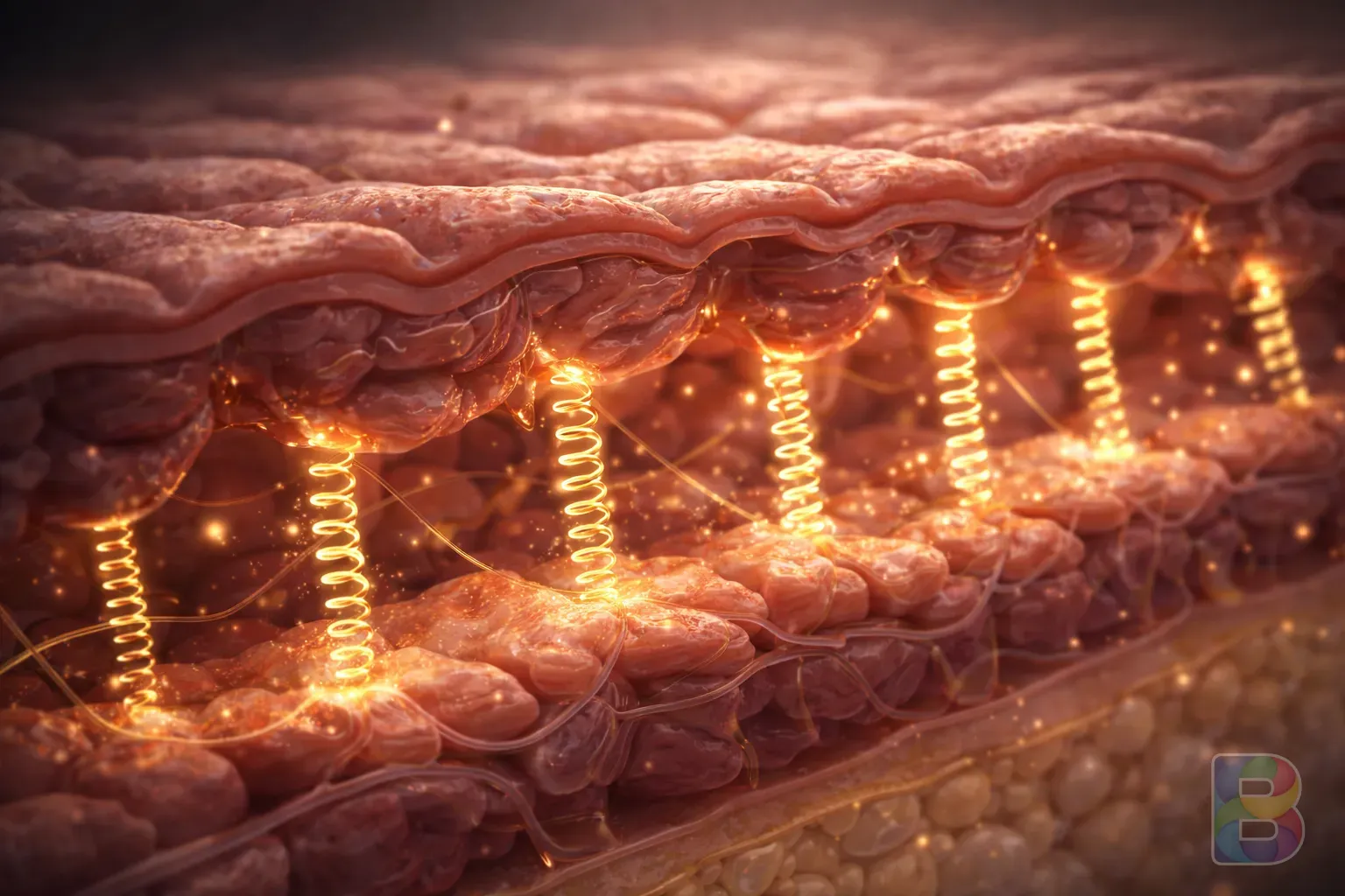 photorealistic, 3D illustration of skin layers showing elastic fibers as glowing golden springs connecting collagen structures, cinematic lighting, high detail