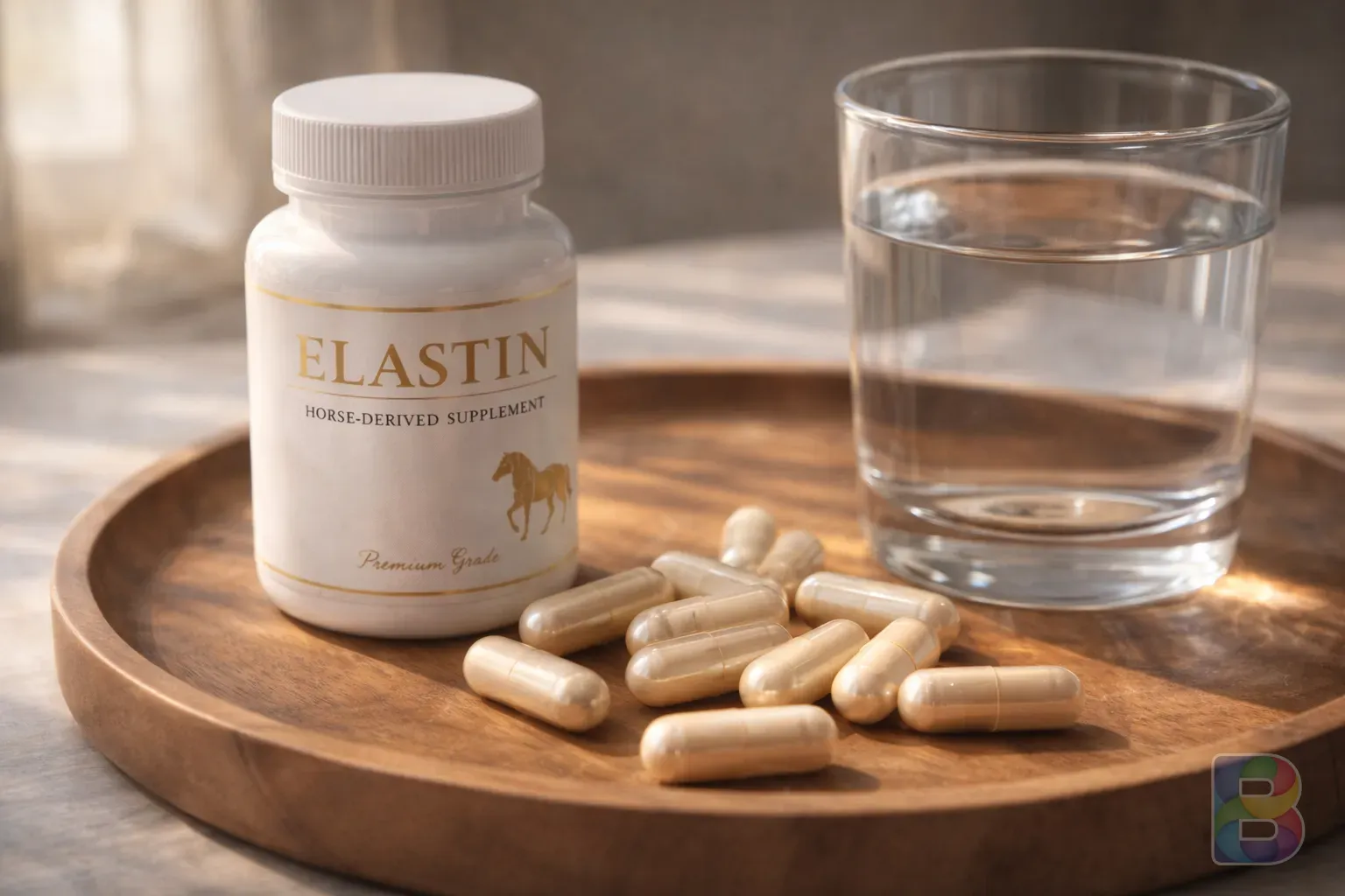 photorealistic, detail shot of horse-derived elastin supplement capsules and a glass of water on a wooden tray, soft natural light, clean and premium mood
