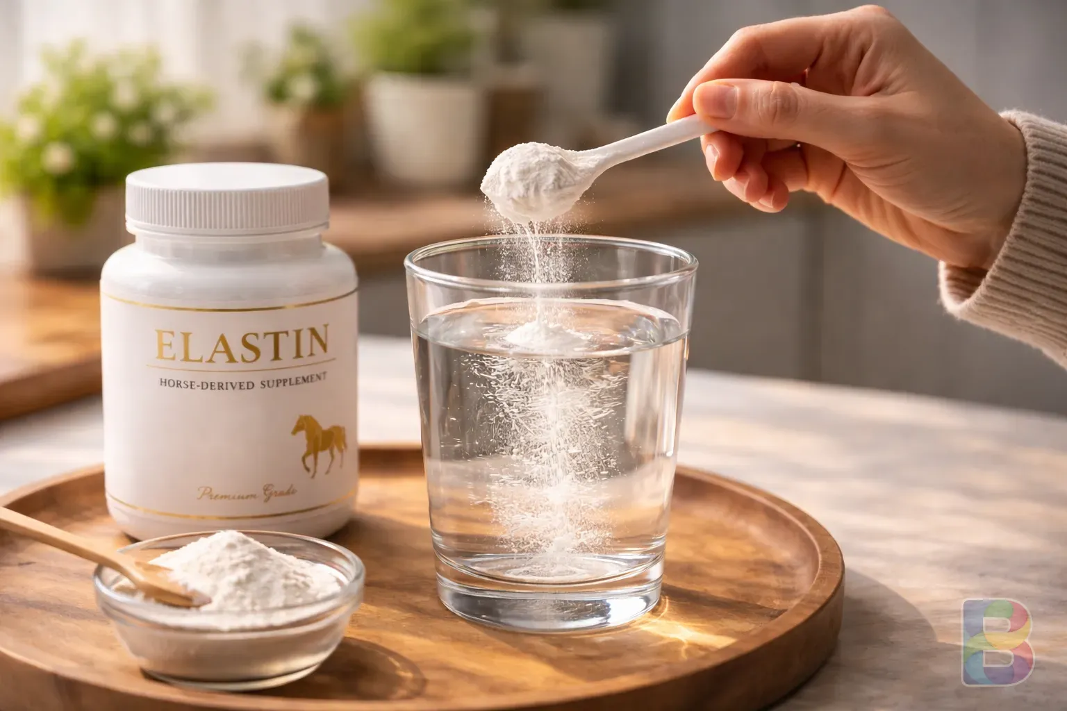photorealistic, a person putting a small measuring spoon of white elastin powder into a glass of water, bright kitchen background, cinematic lighting, fresh atmosphere