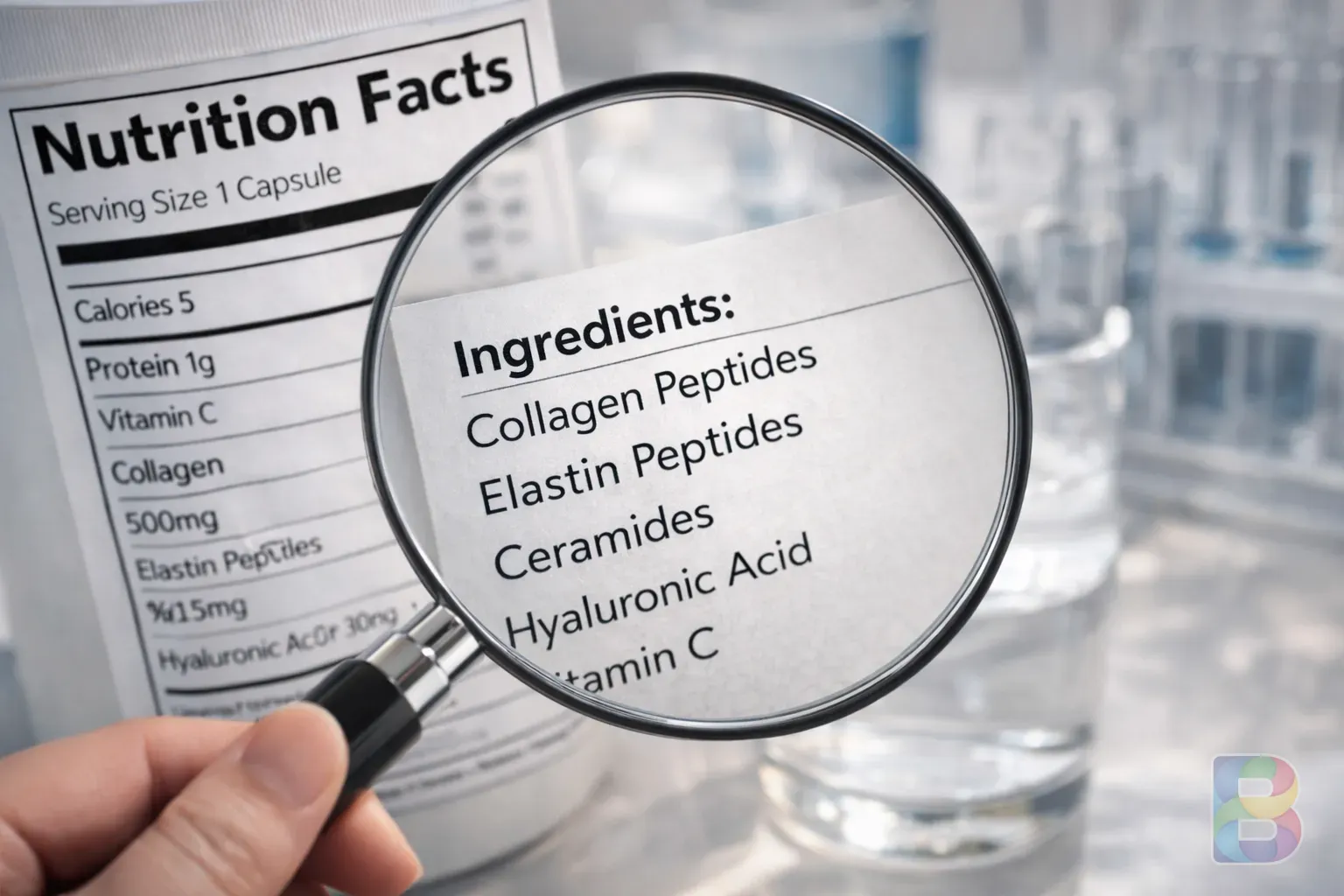photorealistic, close-up of a nutrition facts label with a magnifying glass focused on ingredients list, clean clinical laboratory setting, high detail
