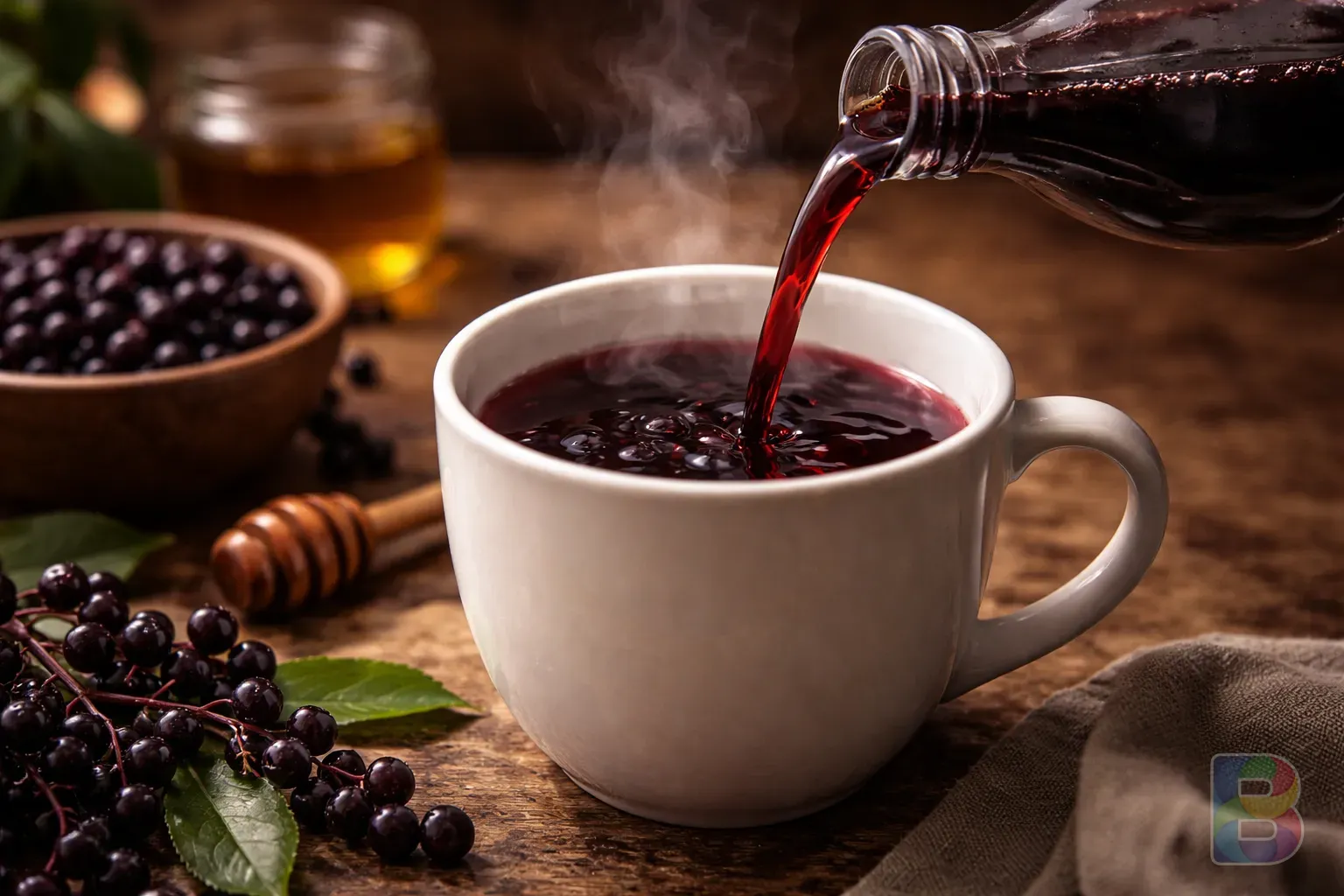 photorealistic, cinematic shot of elderberry syrup being poured into a white ceramic cup, steam rising, warm indoor lighting, cozy atmosphere