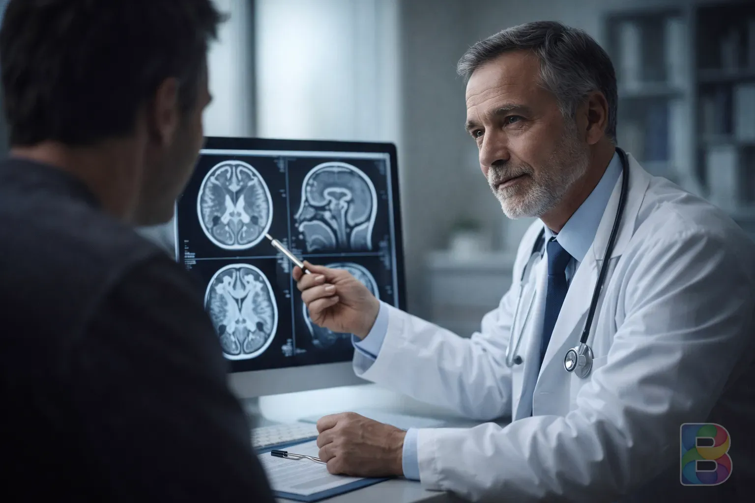 photorealistic, close-up of a doctor explaining a brain MRI scan to a patient in a modern office, soft clinical lighting, reassuring and professional atmosphere