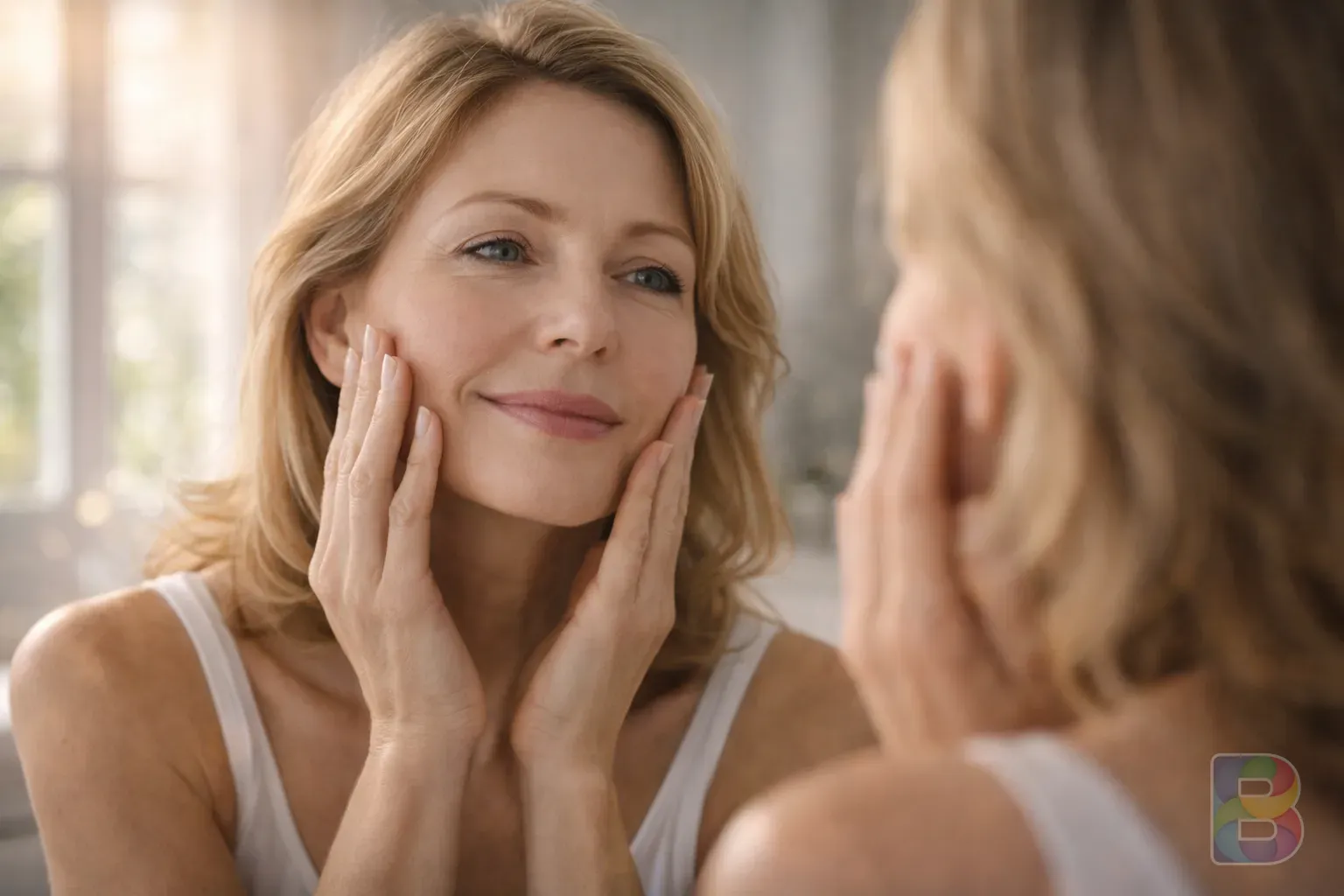 photorealistic, a woman looking at her clear skin in a mirror, soft natural morning light, peaceful expression, cinematic lighting, high detail