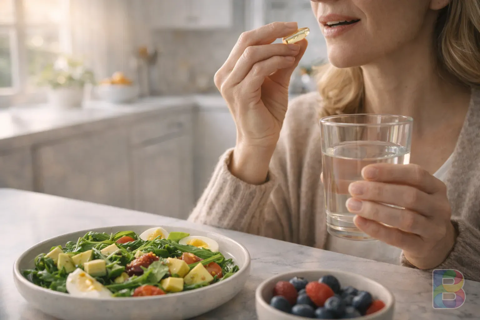 photorealistic, a person taking a capsule with a glass of water after a healthy meal, bright modern kitchen background, cinematic lighting, clean lifestyle