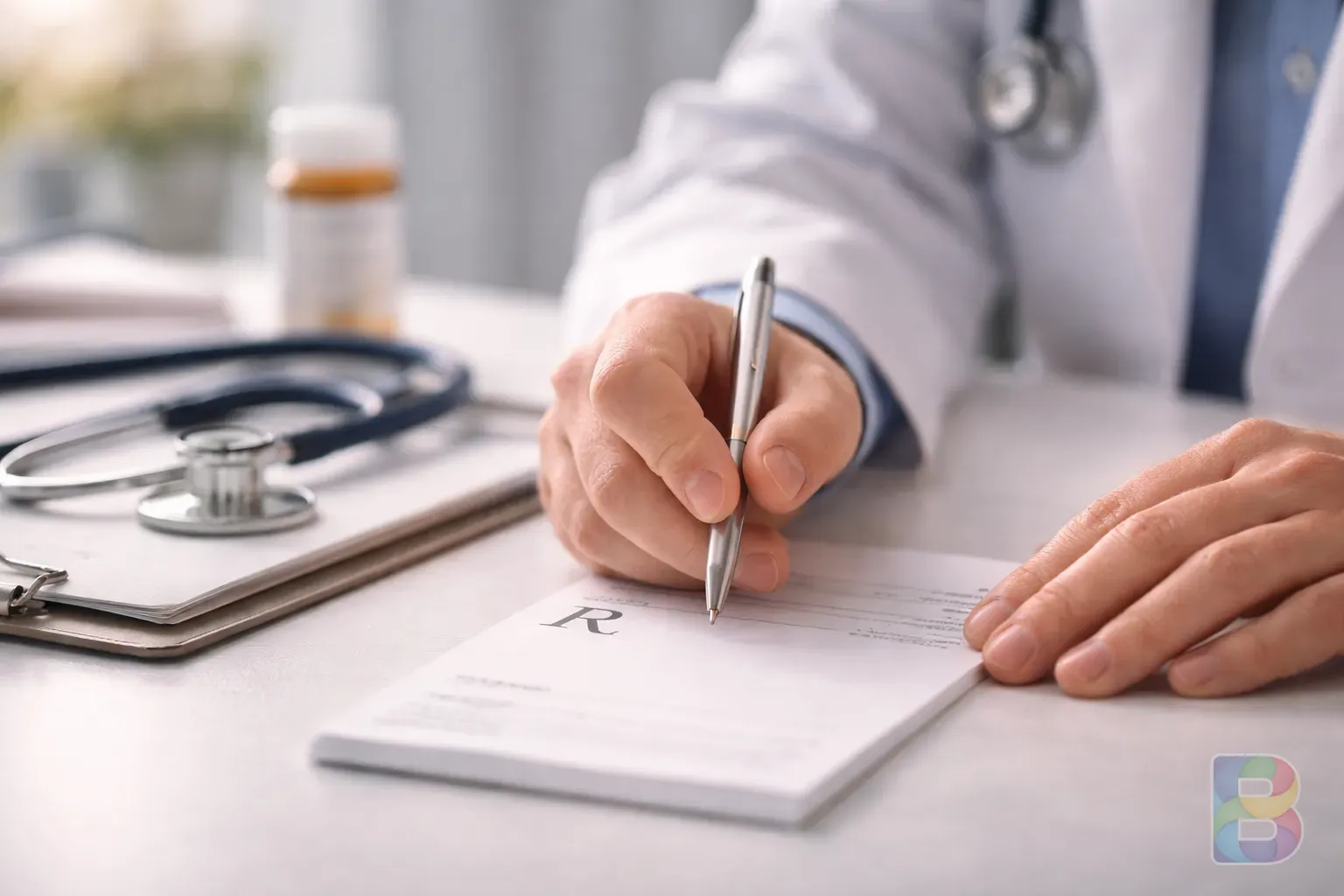 photorealistic, a doctor's hand pointing at a prescription pad, stethoscope in background, professional medical setting, cinematic lighting, focused and clear