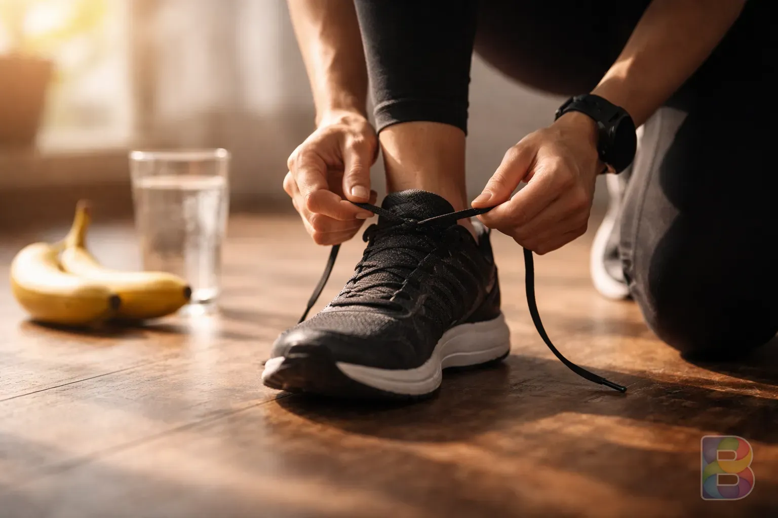 photorealistic, close-up of a person tieing running shoes with a banana and a glass of water in the background, soft morning sunlight, cinematic lighting, peaceful but energetic mood