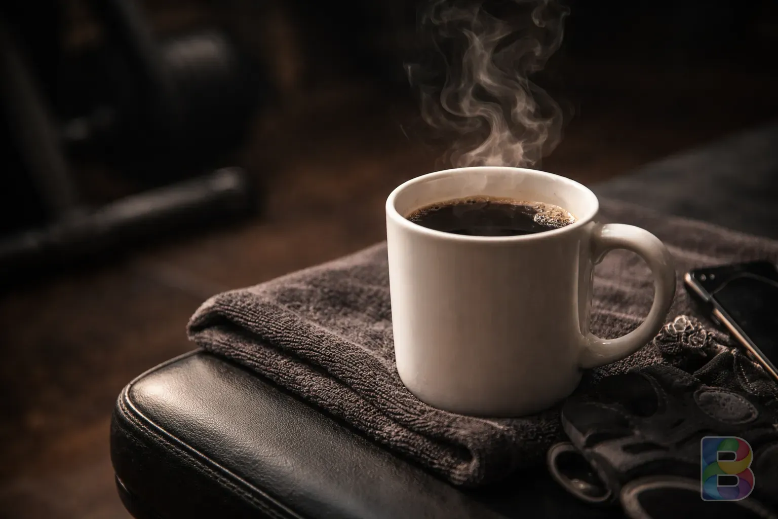 photorealistic, close-up of a steaming cup of black coffee on a gym bench, dark moody background, cinematic lighting, focus on the steam and textures