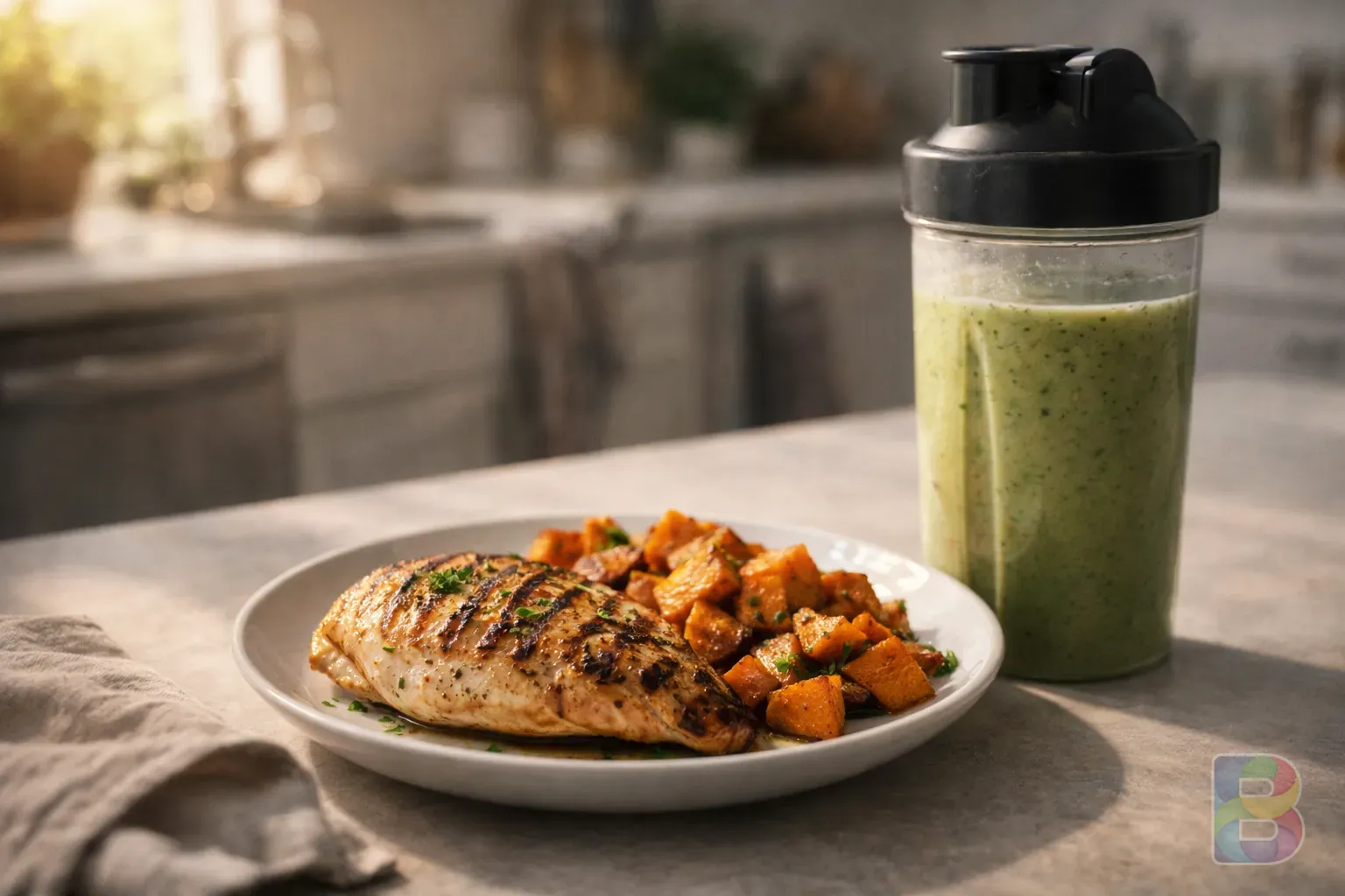 photorealistic, fresh protein smoothie in a shaker bottle next to a grilled chicken breast and sweet potato, bright clean kitchen setting, cinematic lighting, appetizing textures