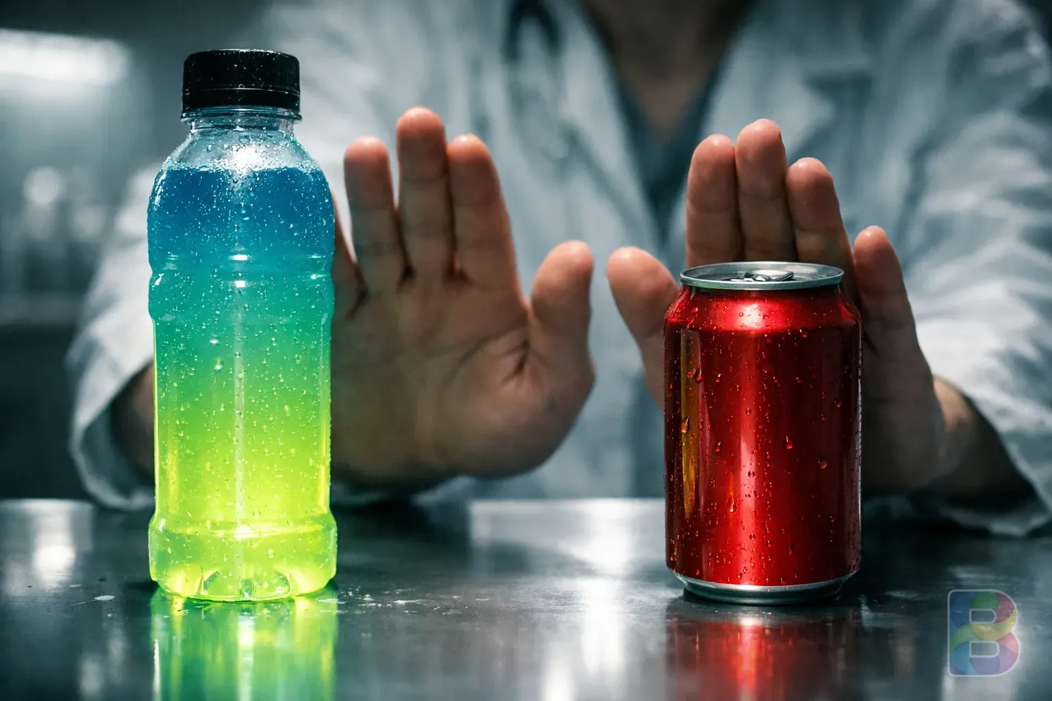 photorealistic, close-up of a person pushing away a bright neon colored energy drink and a soda can, clinical lighting, high contrast, warning mood
