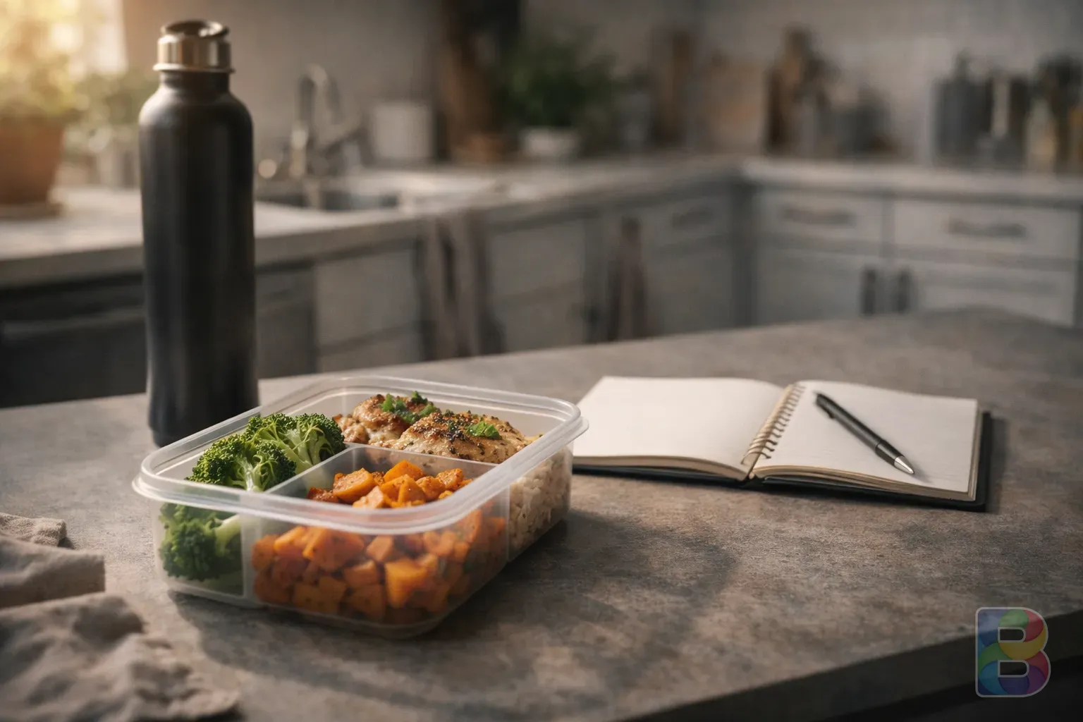 photorealistic, a clean organized kitchen counter with a meal prep container, water bottle, and a small notebook, cinematic lighting, productive atmosphere