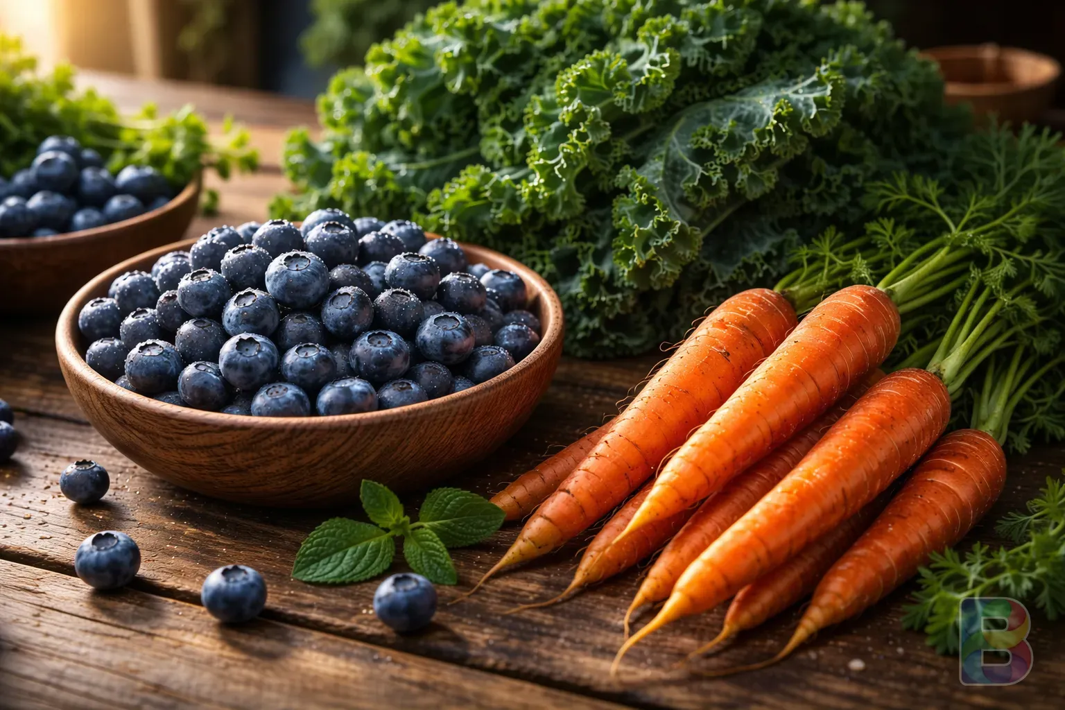 photorealistic, cinematic shot of vibrant blueberries, carrots, and kale on a rustic wooden table, natural sunlight, high detail, rich colors