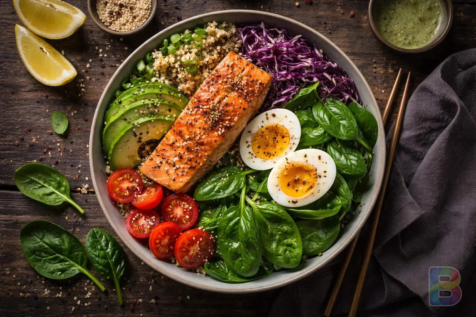photorealistic, overhead shot of a colorful health bowl with salmon, spinach, and eggs, cinematic lighting, gourmet food photography