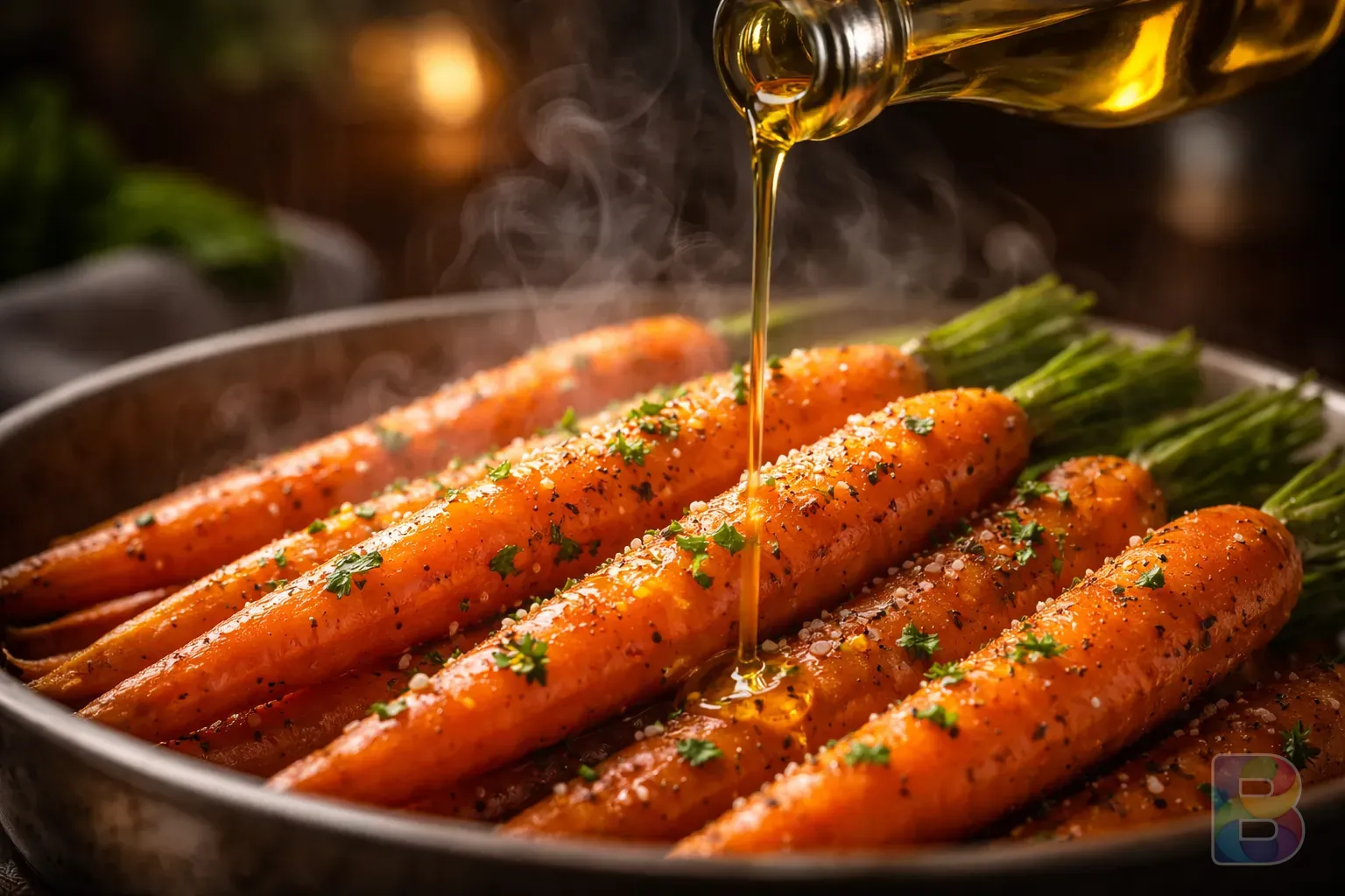 photorealistic, macro shot of olive oil being drizzled over steamed carrots, warm kitchen setting, cinematic lighting, steam rising