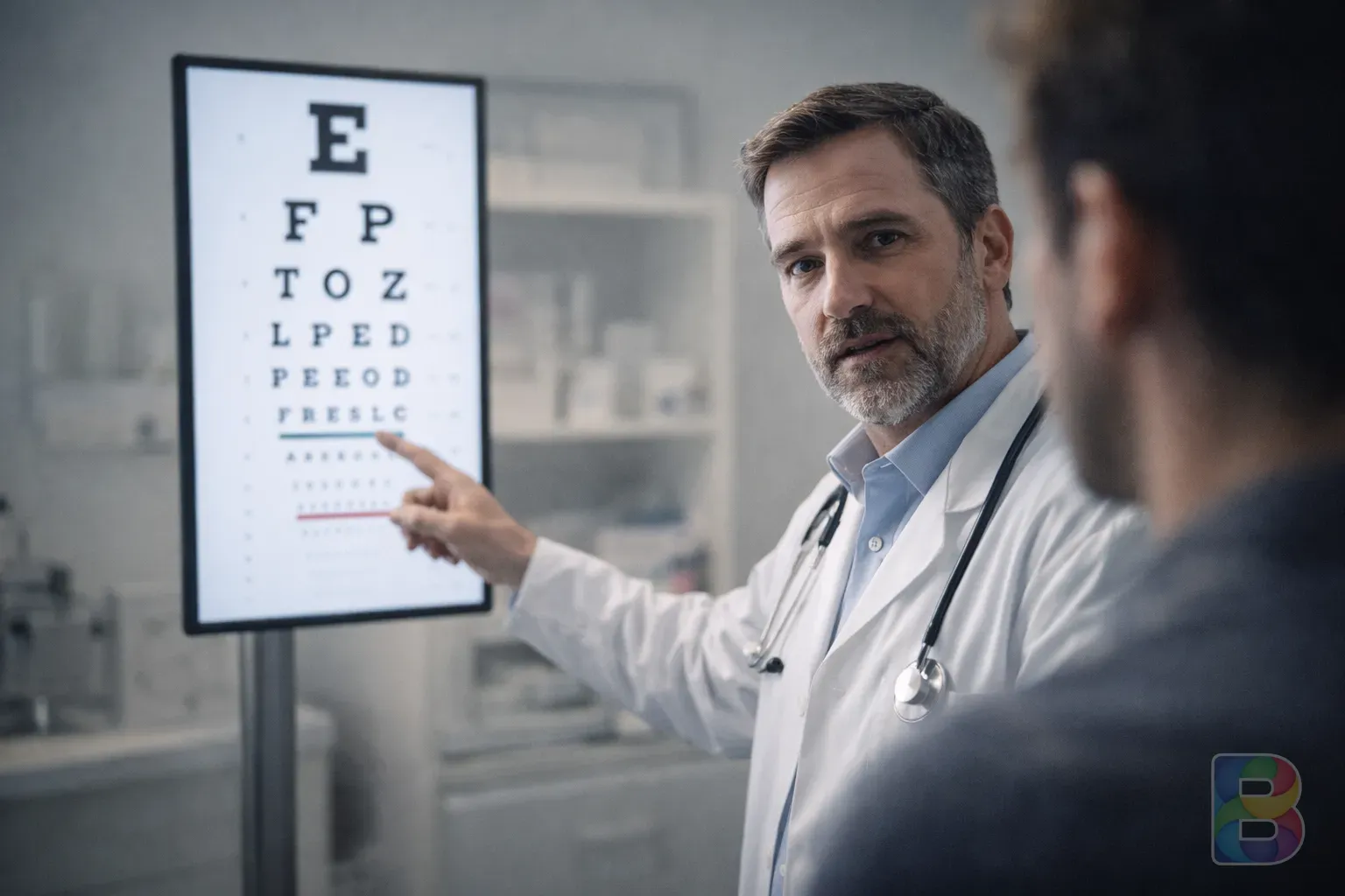 photorealistic, professional ophthalmologist pointing at a digital eye chart while talking to a patient, clean clinical environment, soft focus background