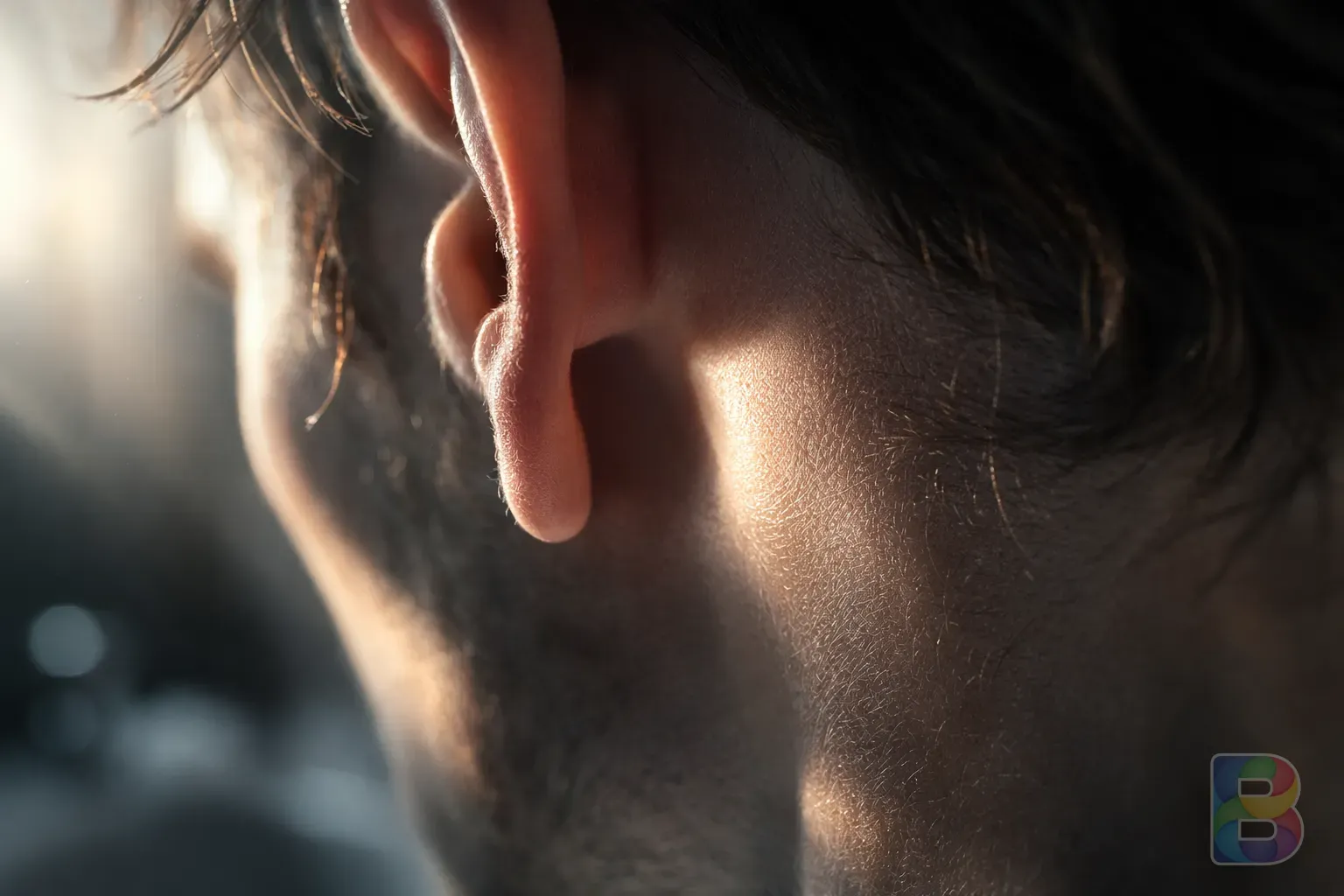 photorealistic, macro shot of a human ear and the area behind it, soft lighting, focus on the mastoid area, clinical but artistic, cinematic lighting