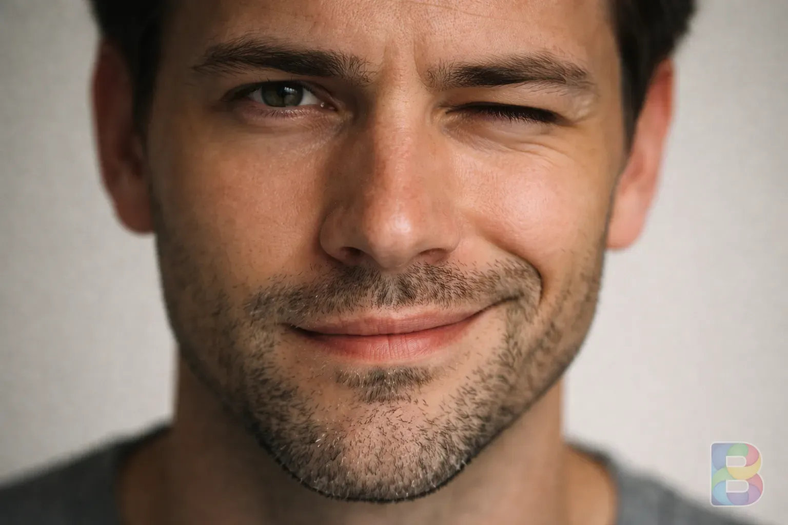 photorealistic, detail shot of a person’s face showing asymmetrical smile and one eye slightly open, neutral background, soft clinical lighting
