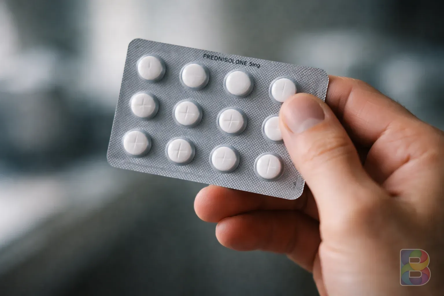 photorealistic, close-up of a hand holding a blister pack of white tablets (prednisolone), soft focus background, professional medical mood