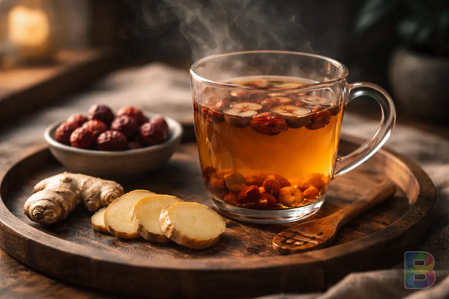 photorealistic, warm cup of jujube tea and sliced ginger on a wooden tray, steam rising, cozy atmosphere, focus on texture