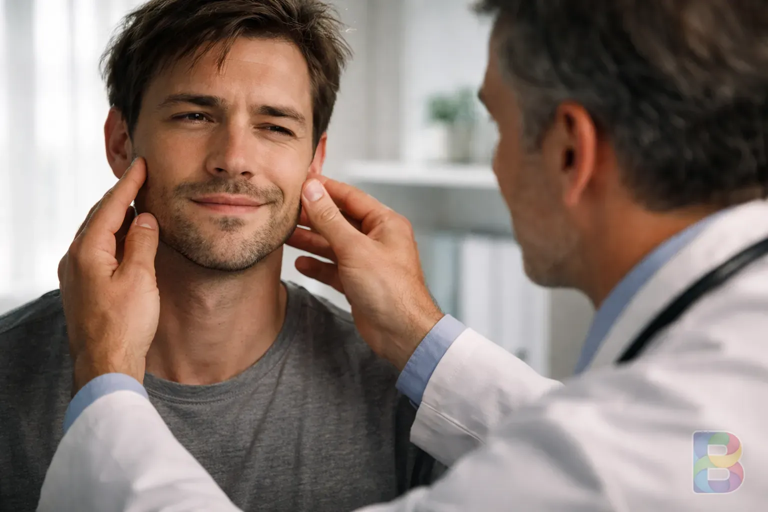 photorealistic, doctor examining a patient's facial movements in a bright consulting room, reassuring gestures, professional clinical setup