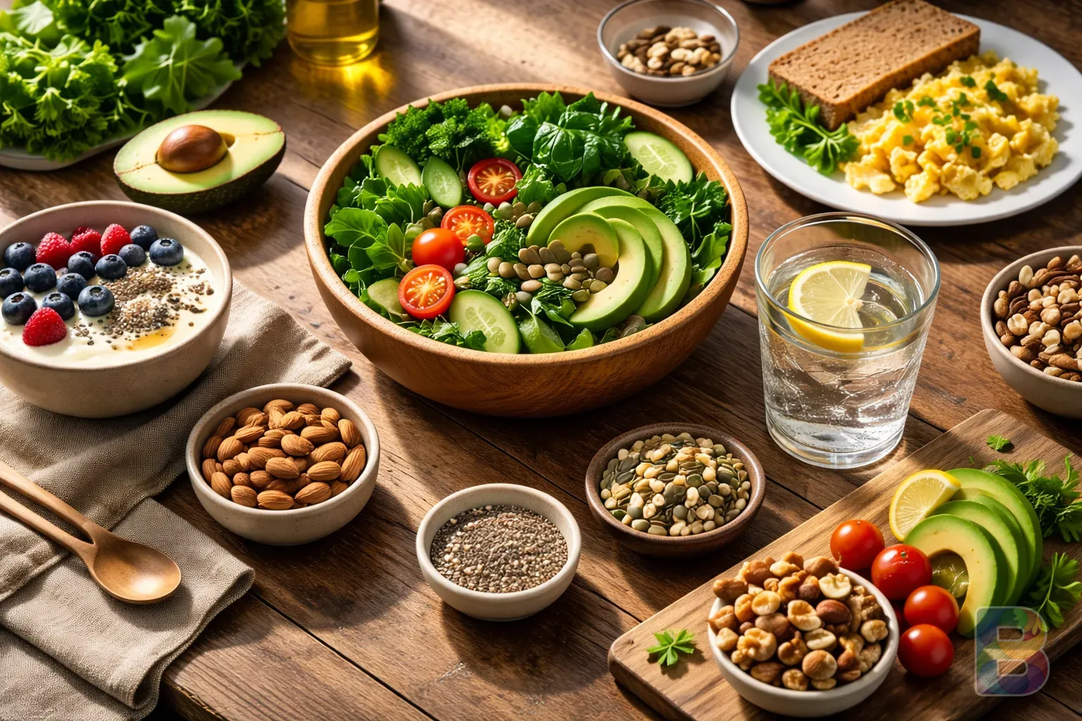 photorealistic, high-angle shot of a healthy breakfast table with green leafy vegetables, nuts, and a glass of water, natural morning light, clean and organic mood