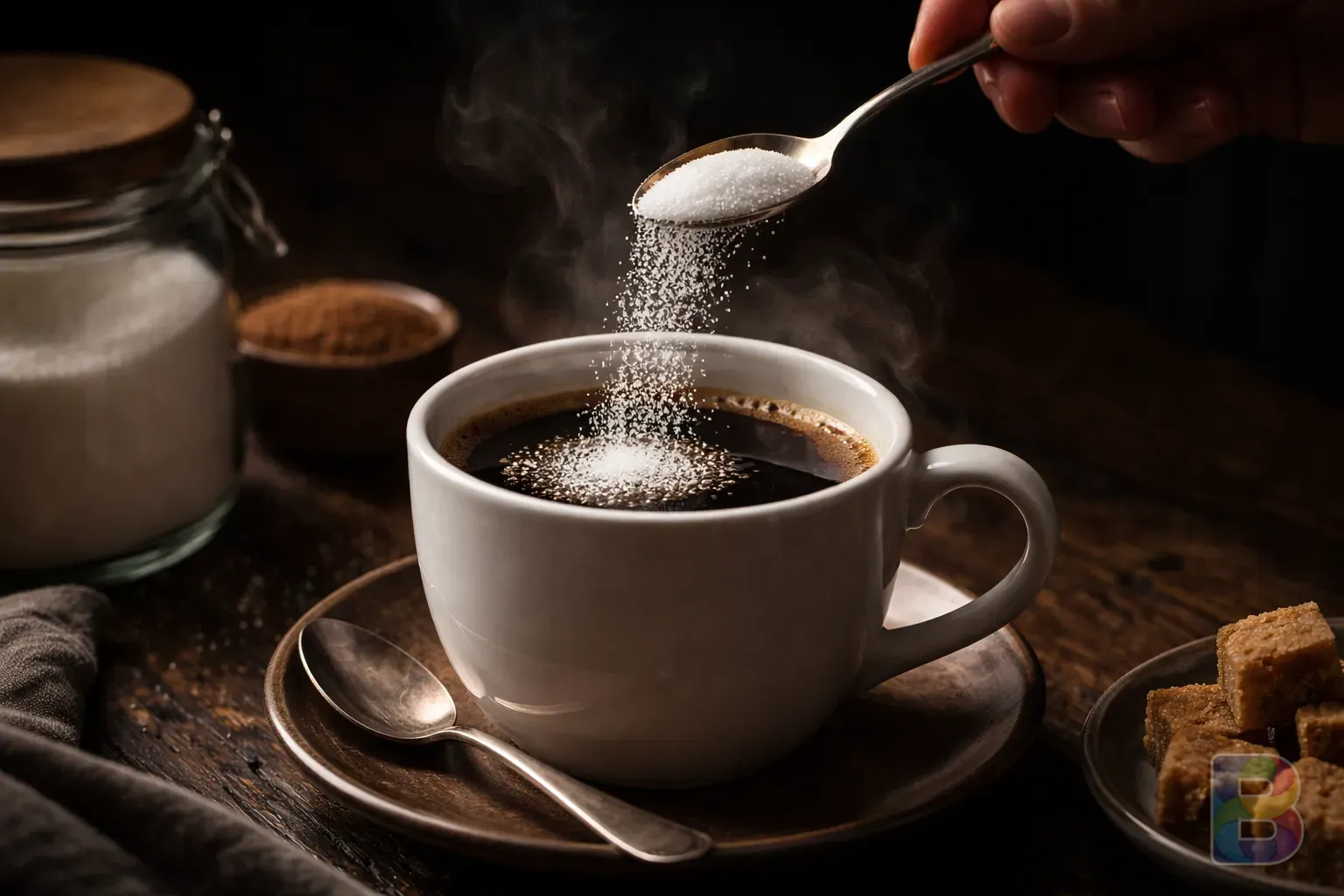 photorealistic, close-up of a person pouring sugar into a cup of coffee, dark background, dramatic lighting, capturing the texture of sugar grains