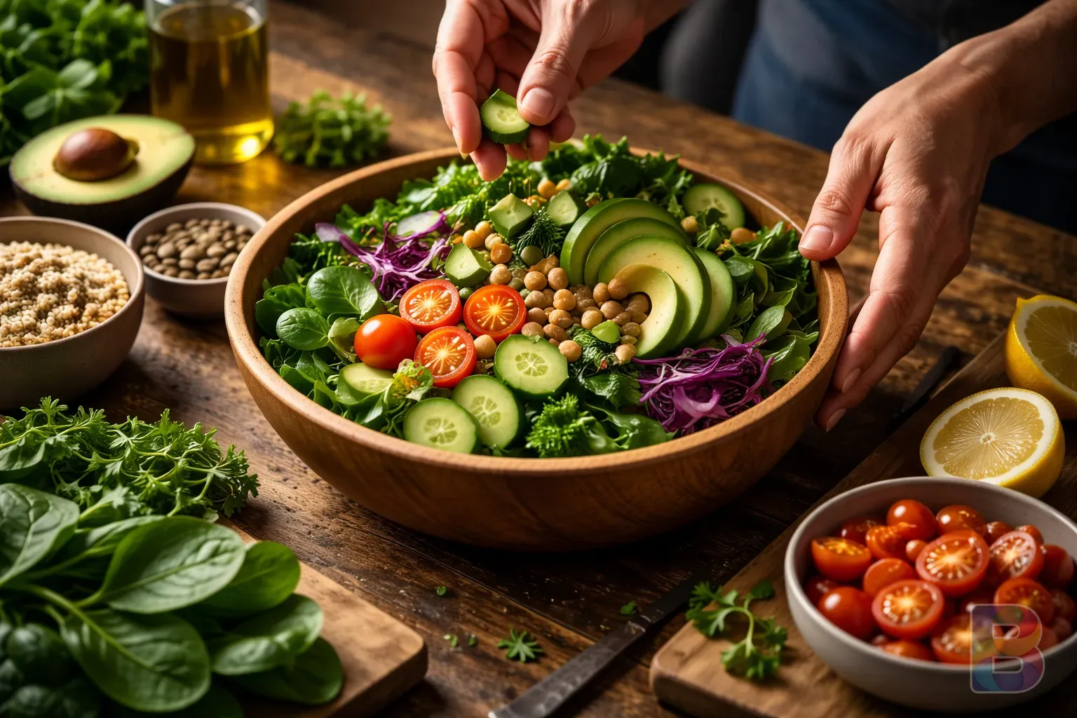 photorealistic, detailed shot of a person preparing a salad bowl with fresh ingredients, hands visible, vibrant colors, cinematic food lighting