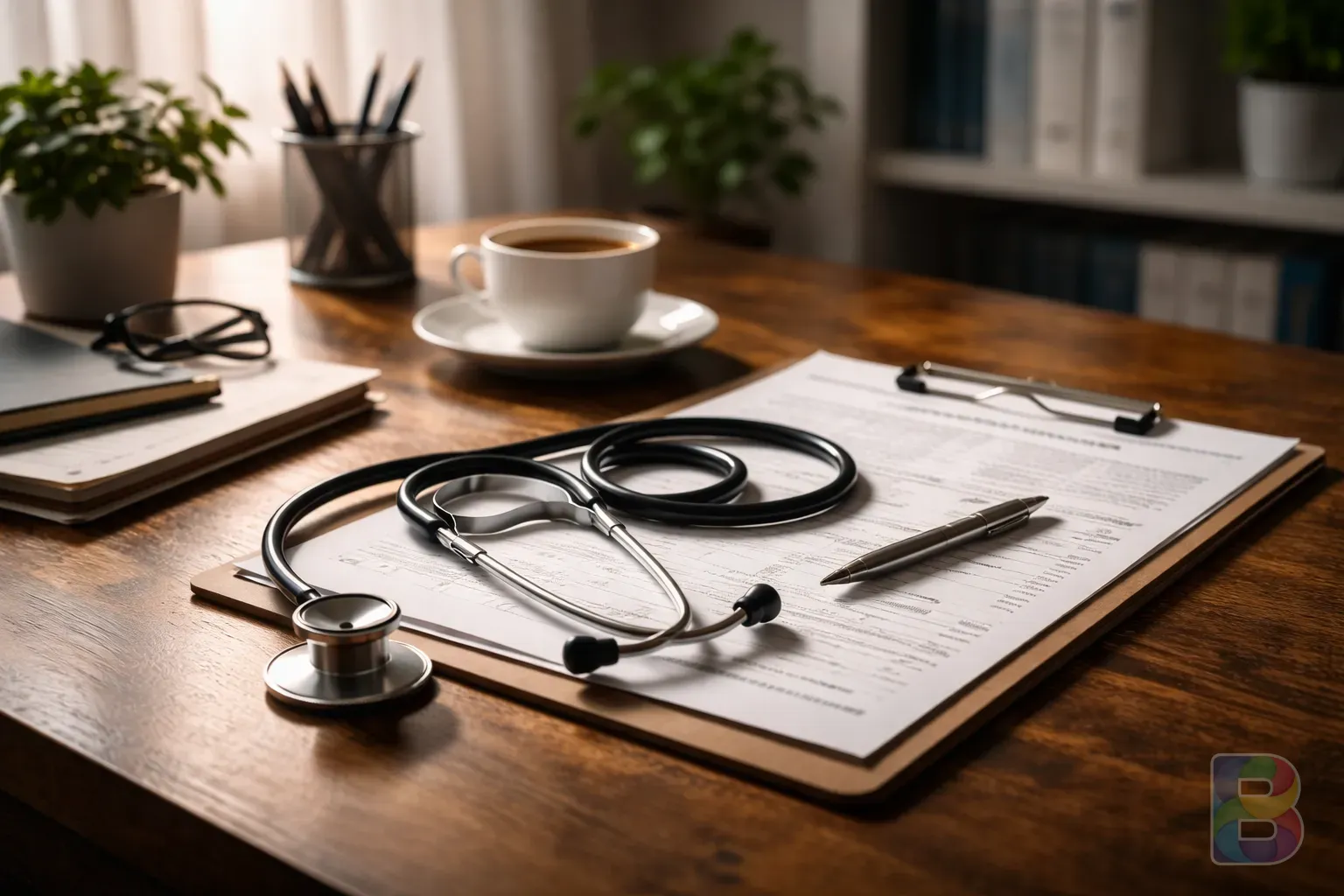 photorealistic, calm doctor's office with a stethoscope and medical charts, soft natural light through the window, professional and trustworthy vibe