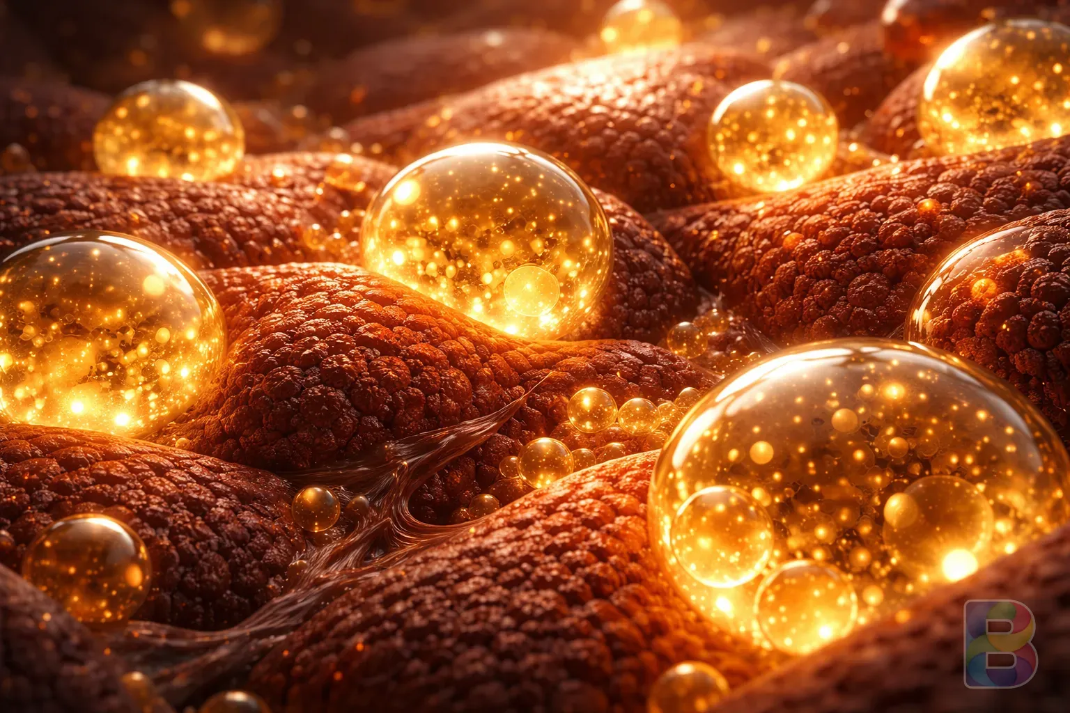 photorealistic, microscopic view of liver cells with golden fat droplets, scientific but artistic visualization, cinematic lighting, high detail