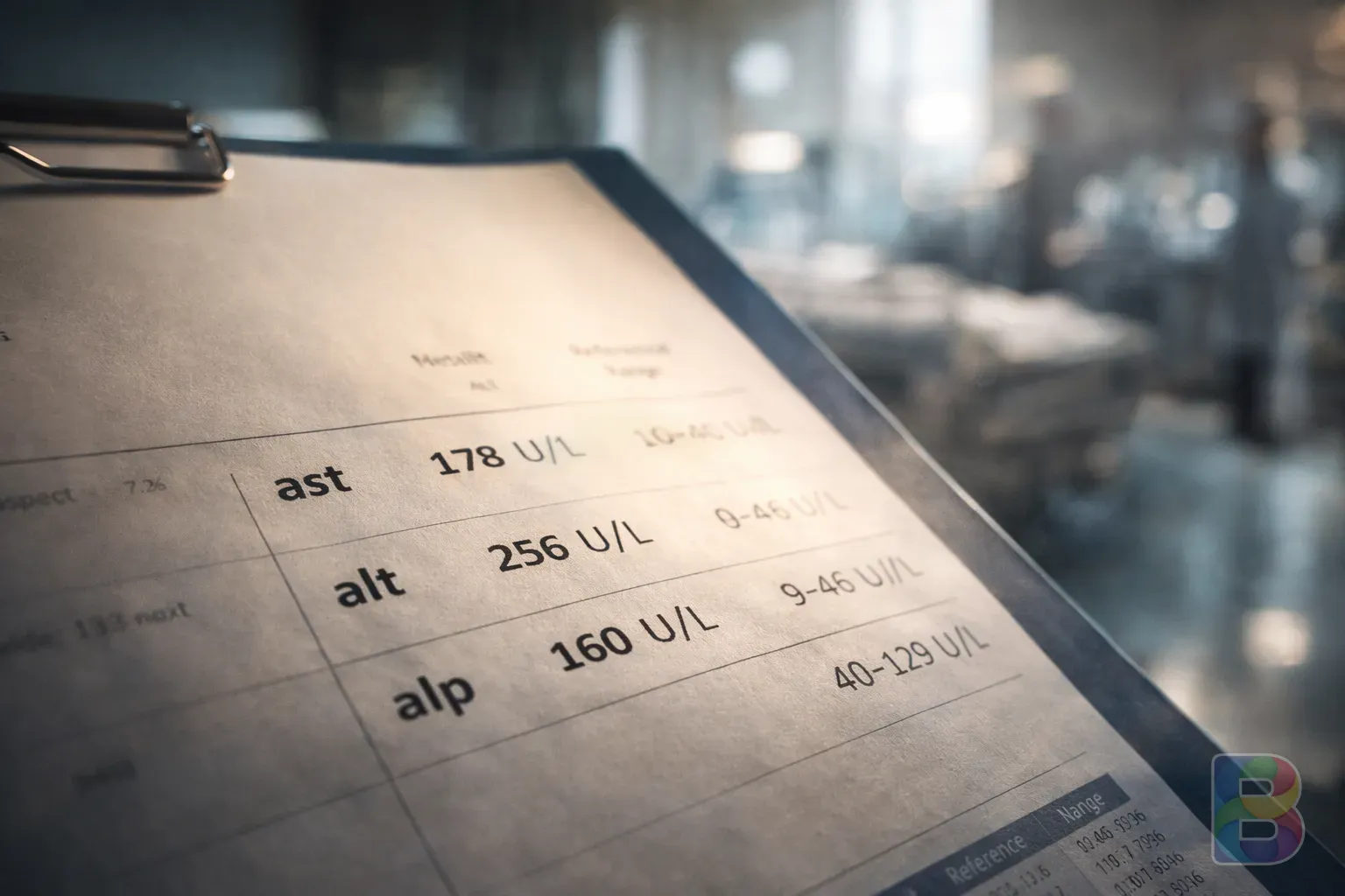 photorealistic, close-up of a medical report showing elevated liver enzyme numbers, blurred hospital background, cinematic lighting, professional atmosphere