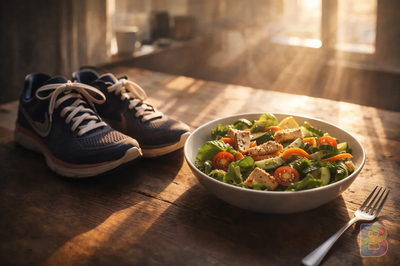 photorealistic, a pair of running shoes and a healthy salad on a wooden table, morning sun rays, cinematic lighting, inspiring mood