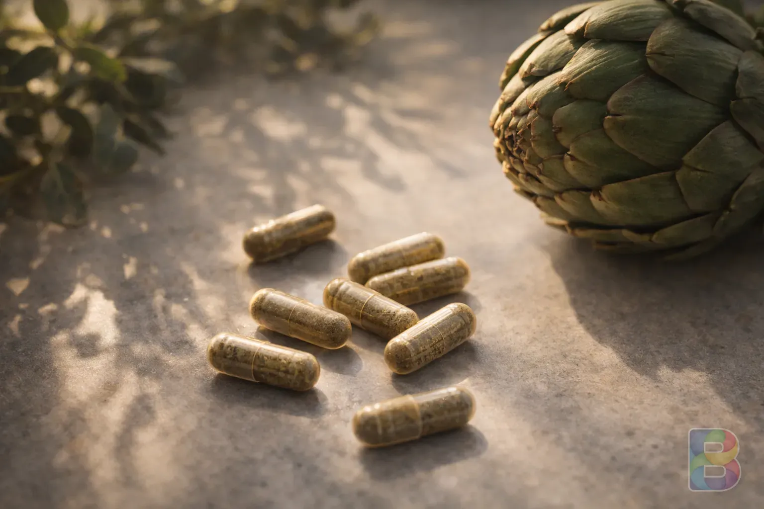 photorealistic, close-up of herbal capsules and a fresh artichoke on a clean stone surface, soft natural light, cinematic lighting