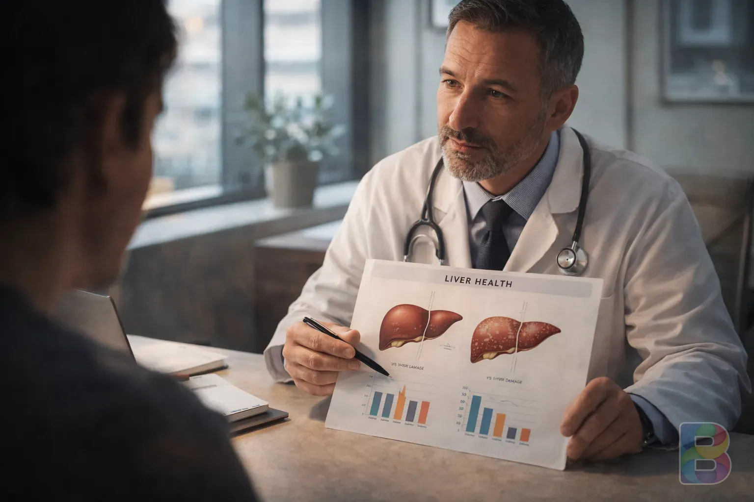 photorealistic, a calm doctor consulting with a patient in a modern office, showing a liver health chart, soft professional lighting