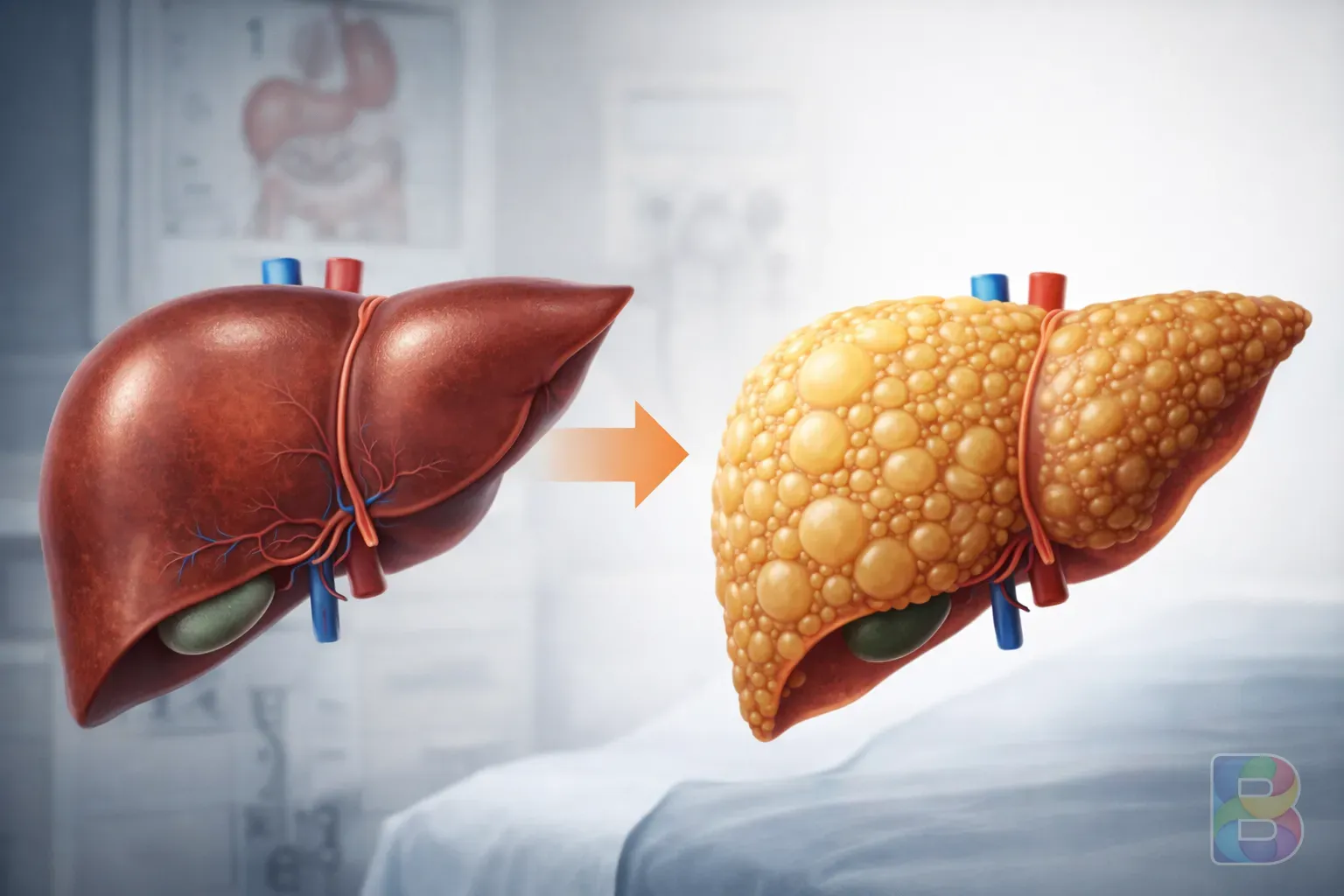 photorealistic, high-detail illustration of a liver showing the progression from healthy to fatty, clean medical background, cinematic lighting, professional medical visualization