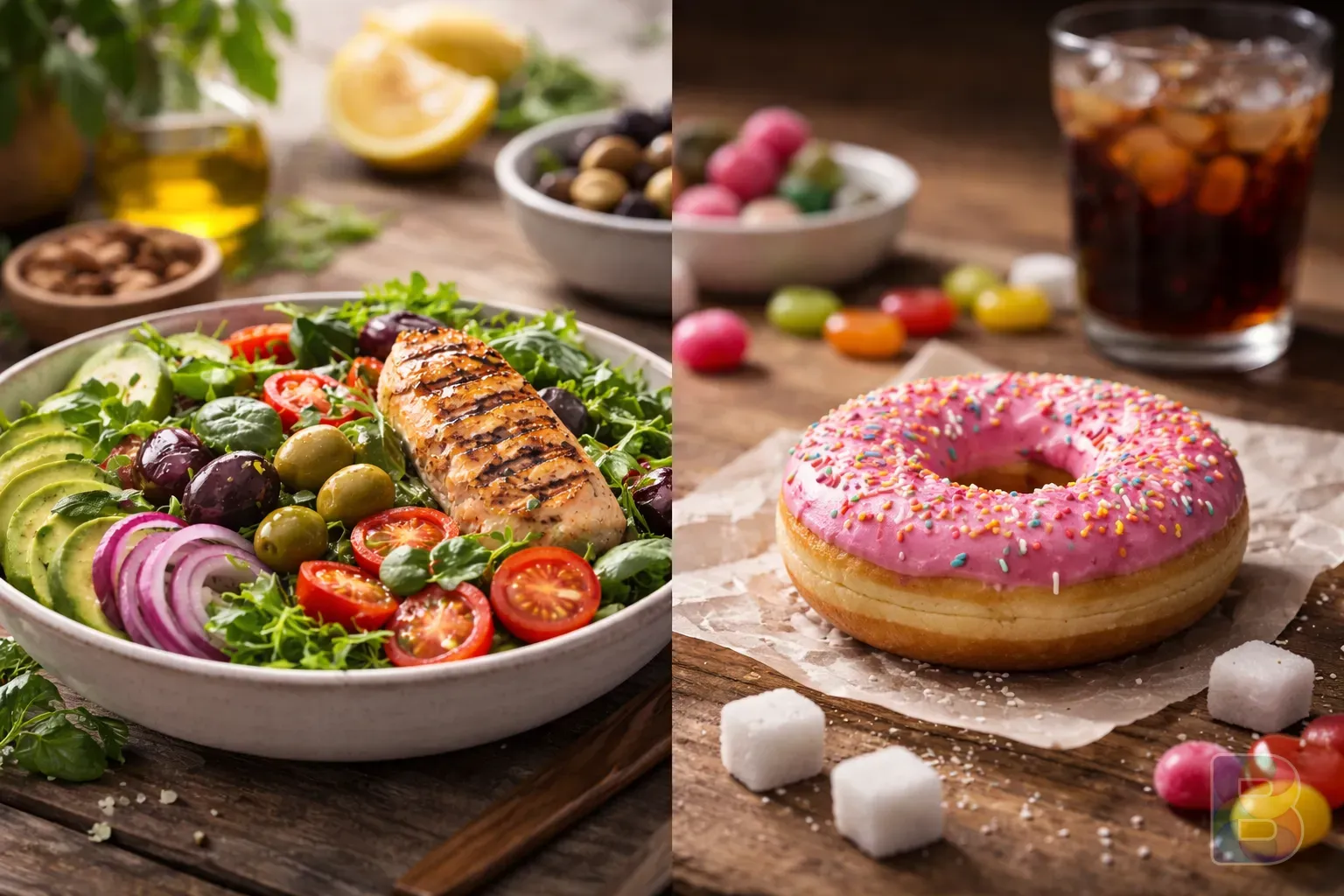 photorealistic, detail shot of a healthy salad next to a sugary donut, representing the choice between causes of fatty liver, soft focus background, cinematic lighting