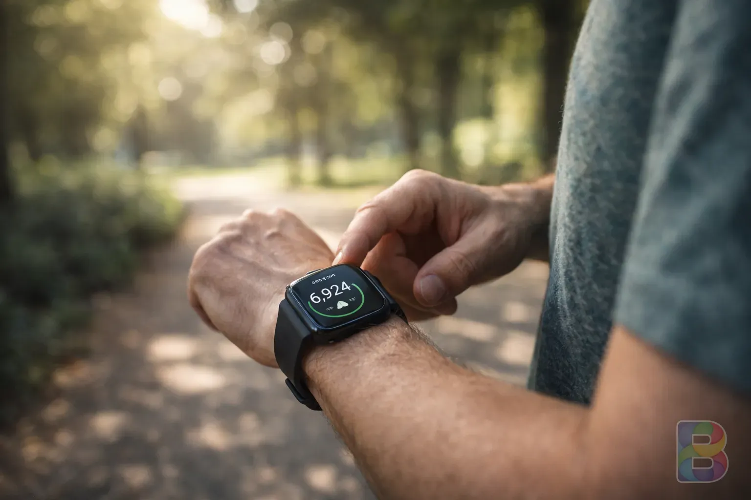 photorealistic, close-up of a person tracking their steps on a smartwatch while walking in a park, sunlight filtering through trees, cinematic lighting, healthy lifestyle mood