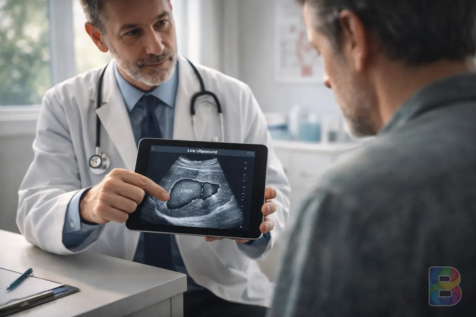 photorealistic, doctor holding a tablet showing liver ultrasound results to a patient in a bright consultation room, reassuring and professional atmosphere, cinematic lighting