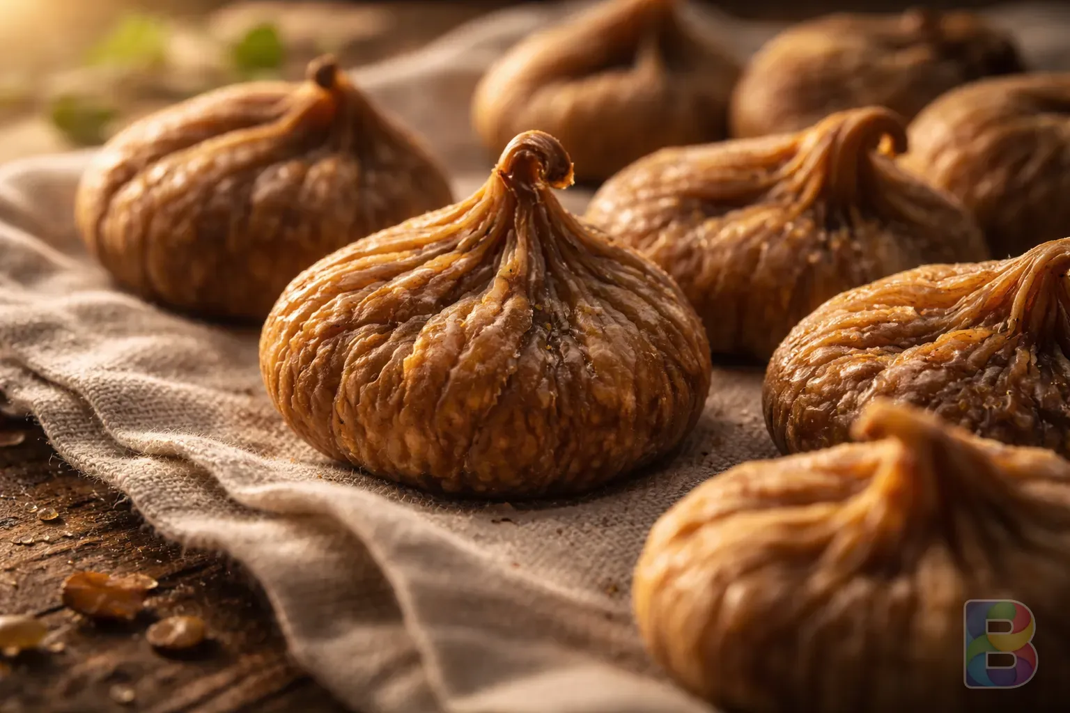photorealistic, macro shot of dried figs arranged on a linen cloth, textures of the wrinkled skin, warm golden hour lighting, cinematic and organic feel
