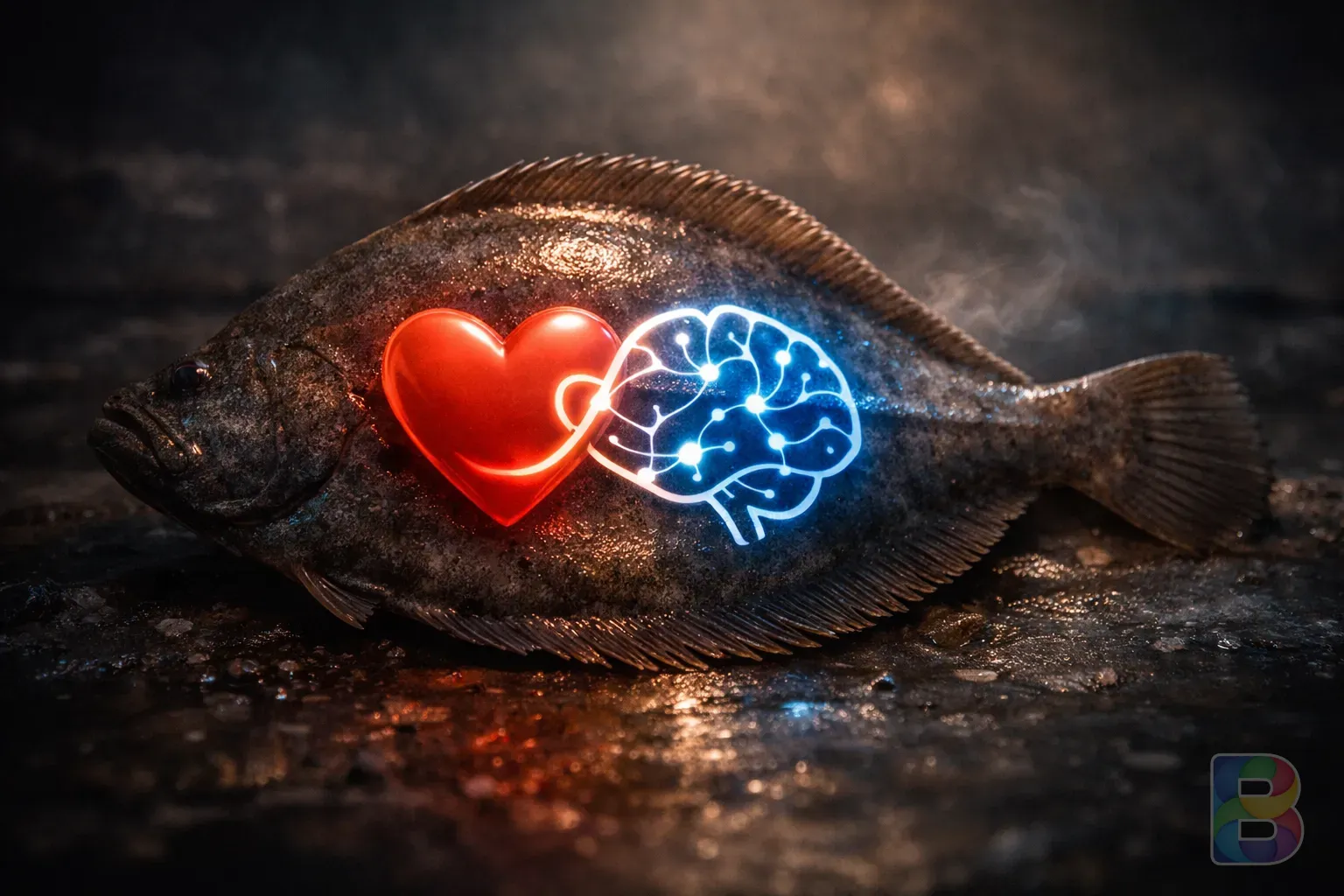 photorealistic, detailed shot of a healthy heart icon and brain synapse icon intertwined with a fresh flatfish silhouette, soft glow, cinematic lighting