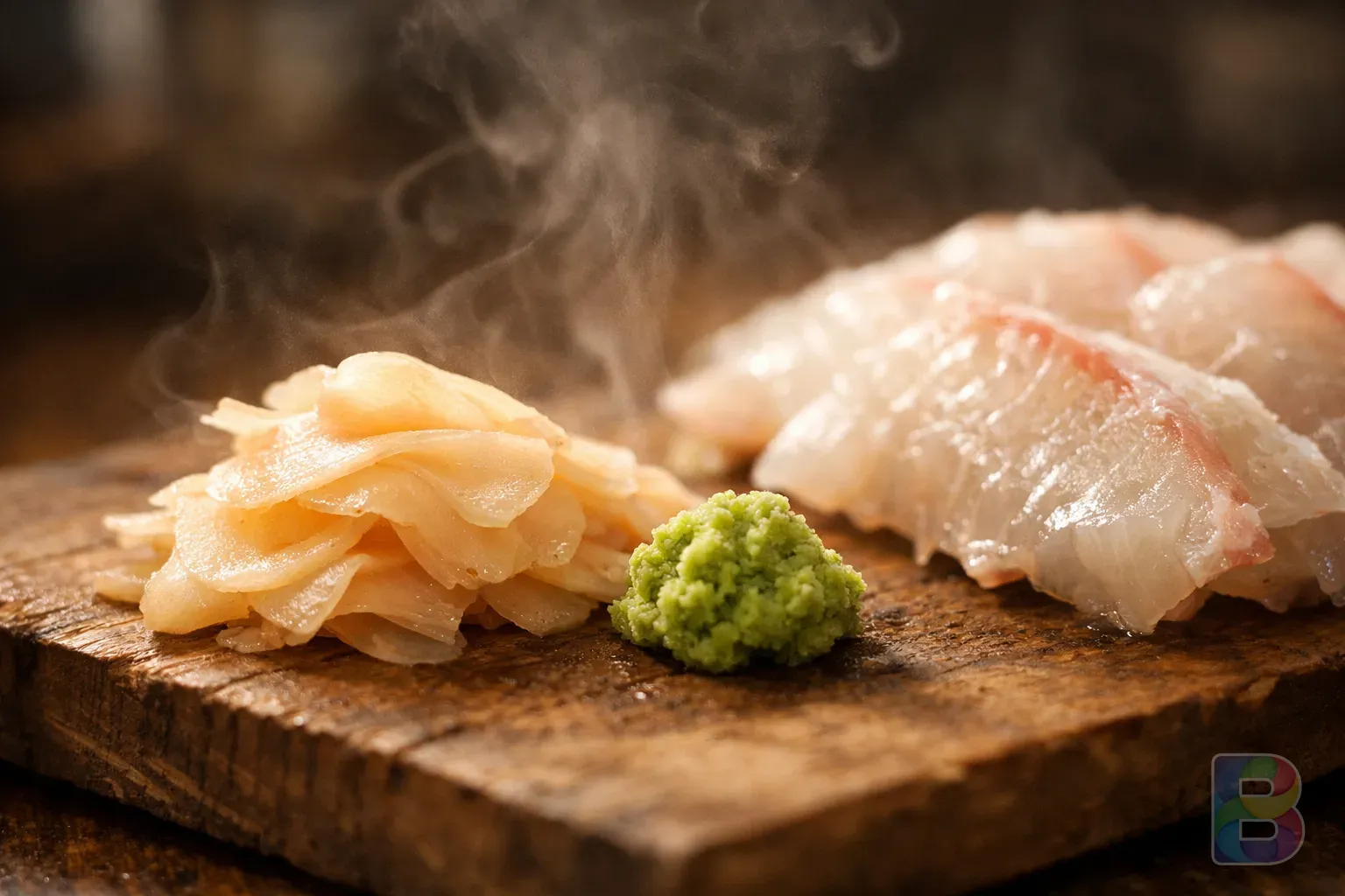photorealistic, close-up of ginger slices and wasabi on a wooden board next to flatfish, steam rising slightly, warm kitchen mood, macro photography