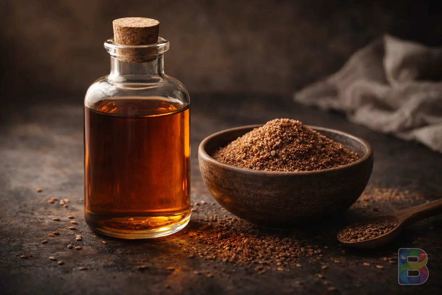 photorealistic, a glass bottle of amber-colored flaxseed oil next to a bowl of ground flaxseeds, soft natural lighting, elegant minimalist aesthetic, 8k resolution