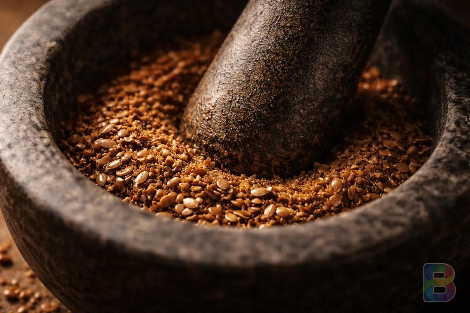 photorealistic, macro shot of flaxseeds being ground in a mortar and pestle, cinematic lighting, dramatic shadows, focusing on the texture of the seeds