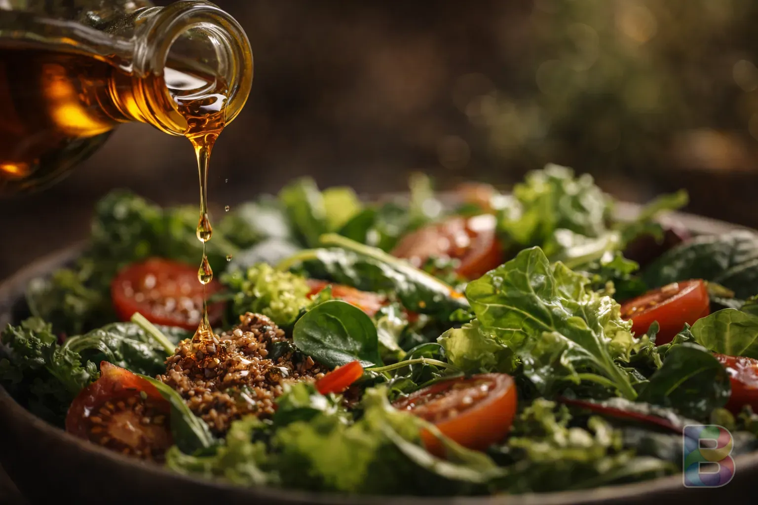 photorealistic, close-up of flaxseed oil being drizzled onto a fresh green salad, vibrant colors, glistening droplets, soft bokeh background