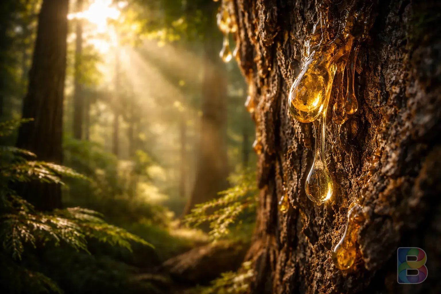 photorealistic, cinematic shot of a dense ancient forest with sunlight filtering through leaves, highlighting tree sap, macro photography, ethereal mood