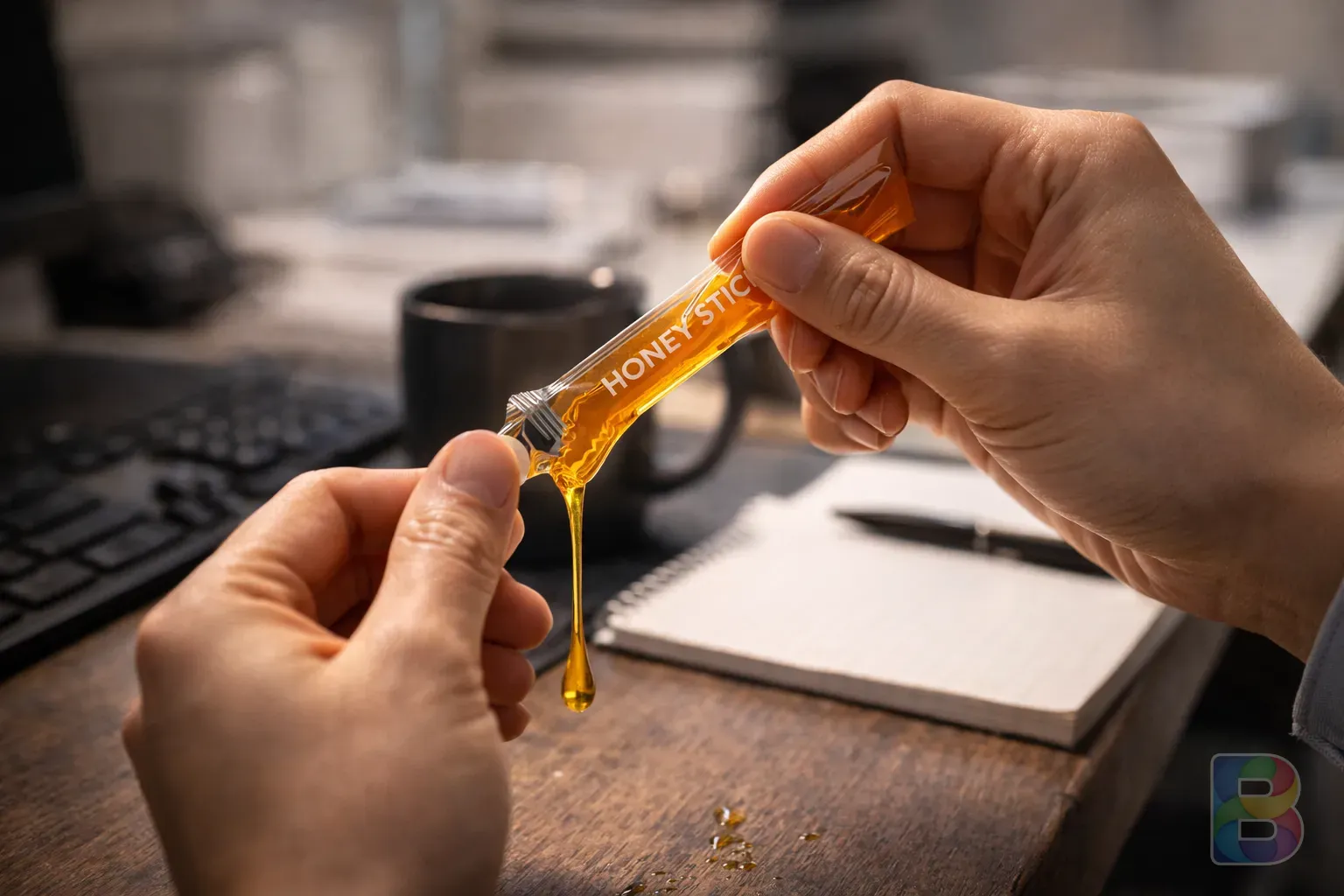 photorealistic, close-up of a person opening a small honey stick packet, office desk environment, soft focus background, modern lifestyle photography