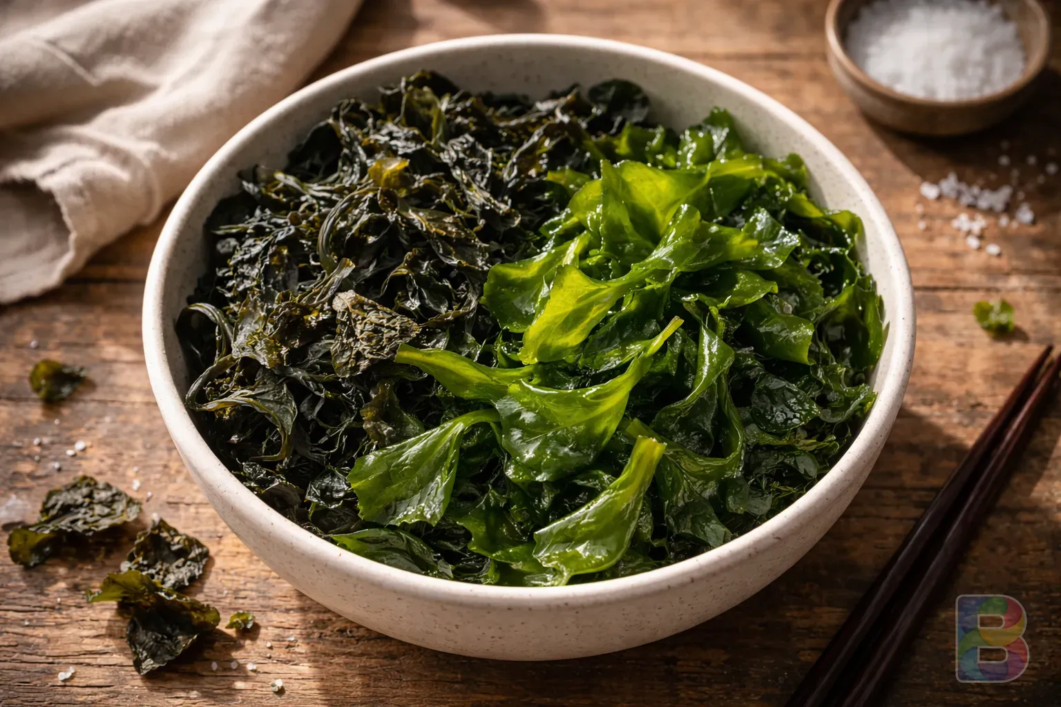 photorealistic, top down shot of a bowl containing dark green dried sea mustard ear and fresh seaweed, soft natural morning light, rustic wooden table, cinematic mood